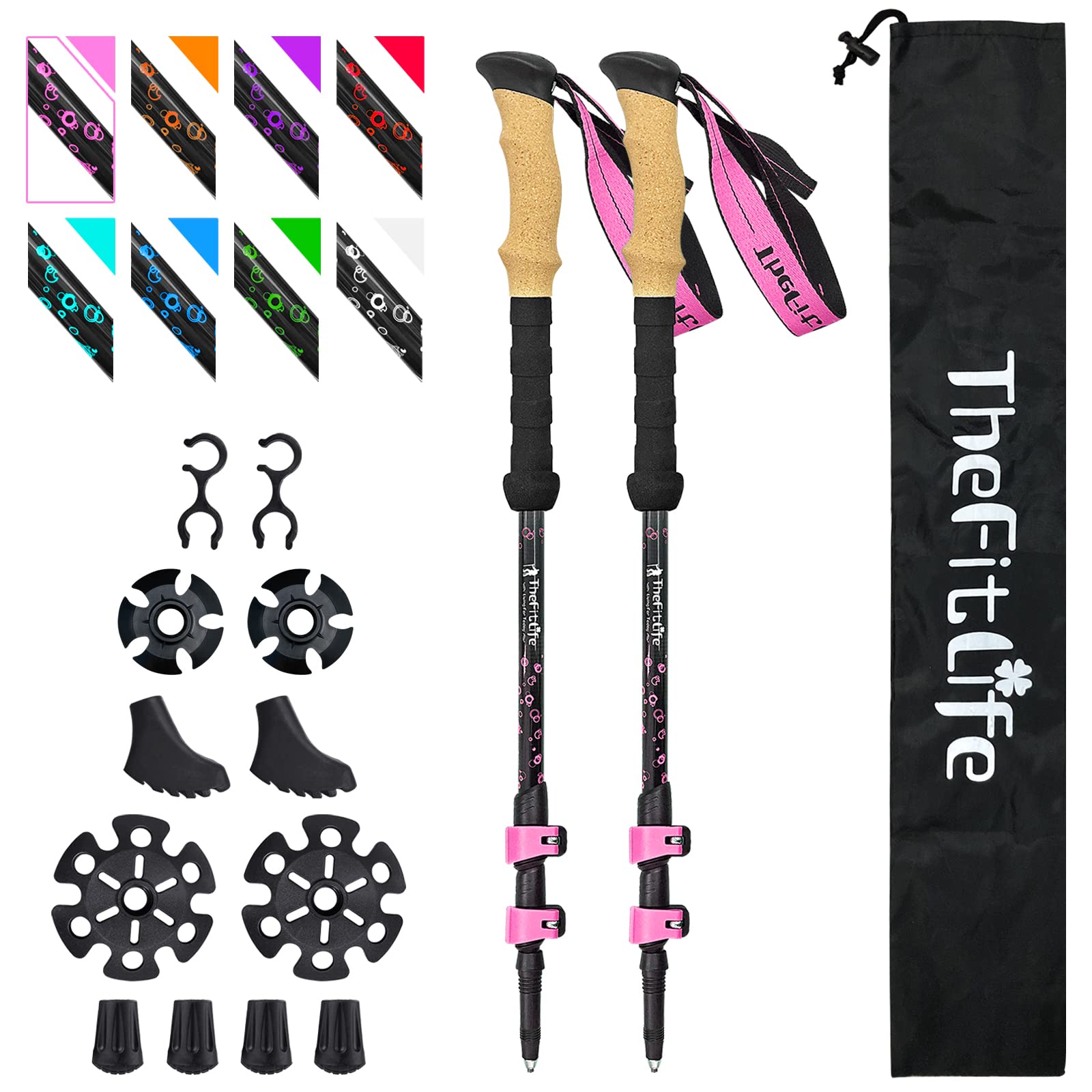 TheFitLife Carbon Fiber Trekking Poles – Collapsible and Telescopic Walking Sticks with Natural Cork Handle and Extended EVA Grips, Ultralight Nordic Hiking Poles for Backpacking Camping