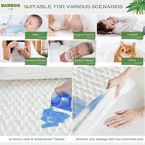 Miniatura 5 de GRT Protector de colchón de bambú impermeable tamaño individual XL, funda de colchón de fibra de aire 3D, transpirable, ultra suave, silenciosa, 8 a