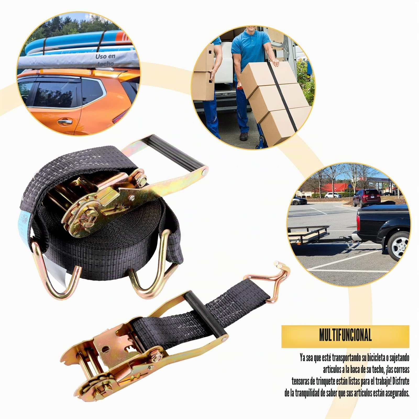 DAJAVE 2 correas tensoras con trinquete y ganchos, 10 m, 800 kg, correas de amarre con ganchos, correas de amarre con carraca, juego de carraca, correas de carraca, 10 m
