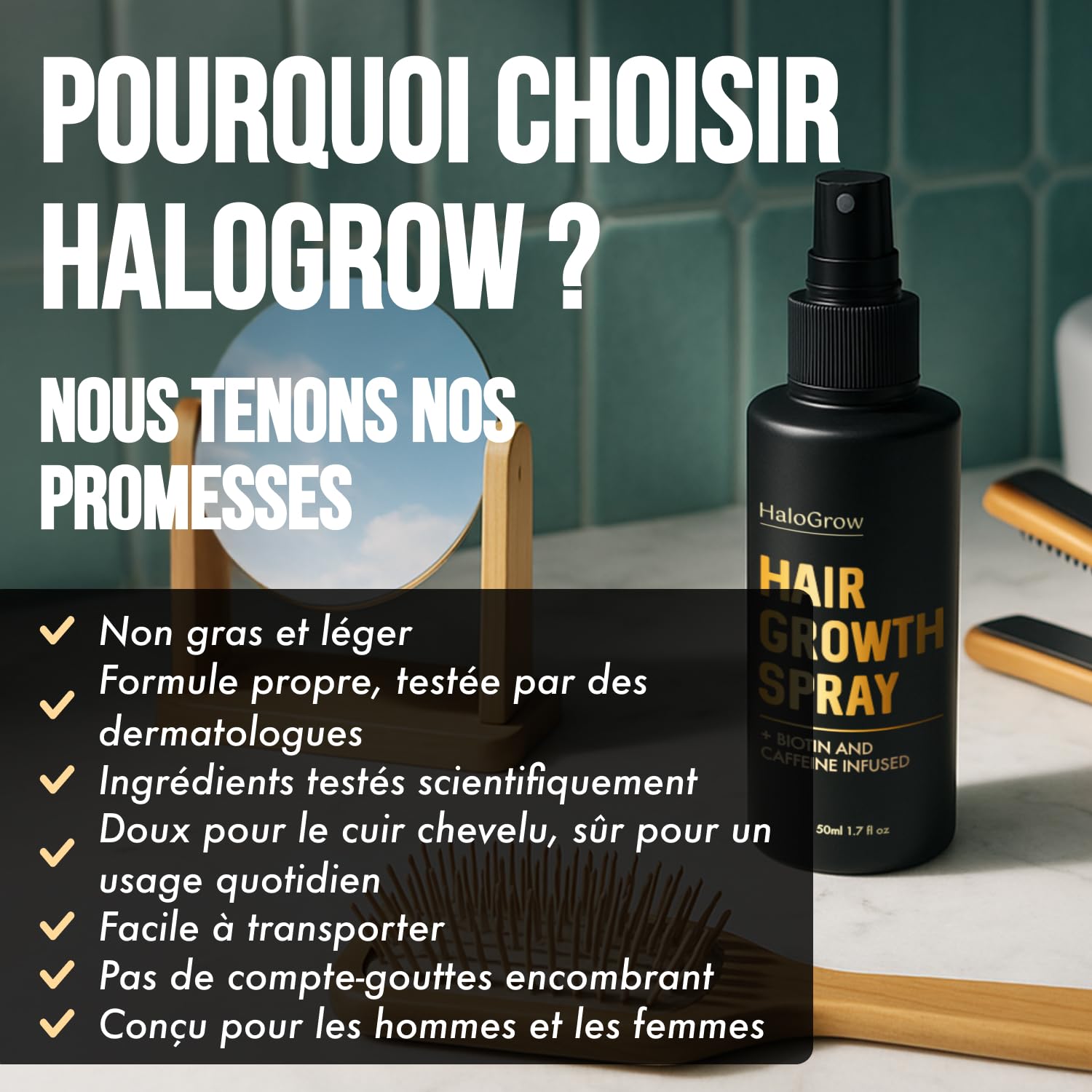 Serum Pousse Cheveux Spray | Favorise la Pousse des Cheveux très rapide | Huile Pousse Cheveux Spray de la Biotine, Caféine, de l'huile de Ricin et de l'Aminexil (3 mois d'utilisation)