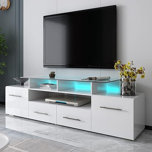 Miniatura 13 de Leisure Zone Modren Soporte de TV LED de 16 colores, centro de entretenimiento de superficie de alto brillo UV con estante para DVD, TV de hasta 70