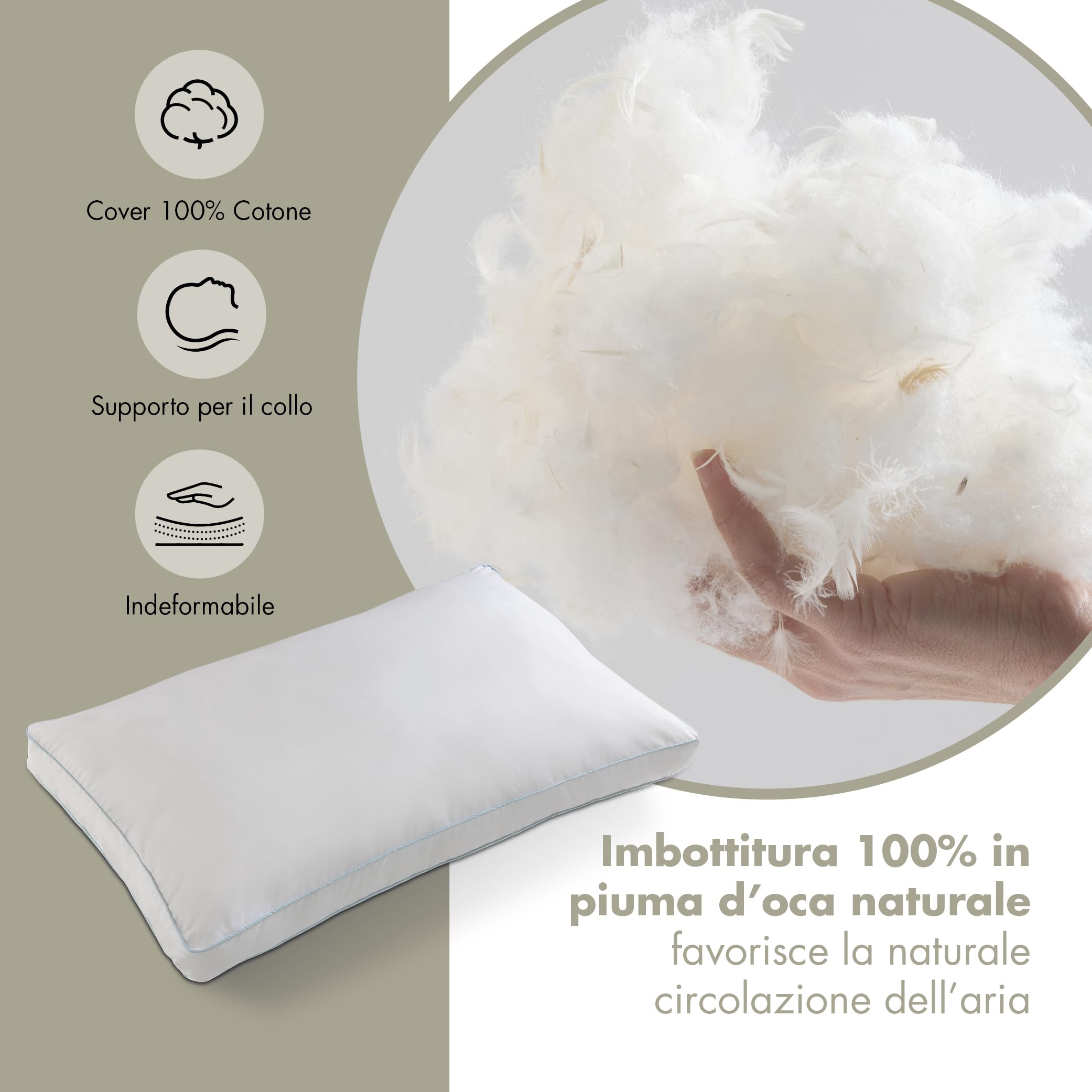 EMTEX Cuscino Letto in PIUMA D'OCA 100% Naturale Guanciale Morbido e Traspirante in COTONE Parcalle Cuciture Premium Made in Italy (1, BIANCO cuciture AZZURRO)