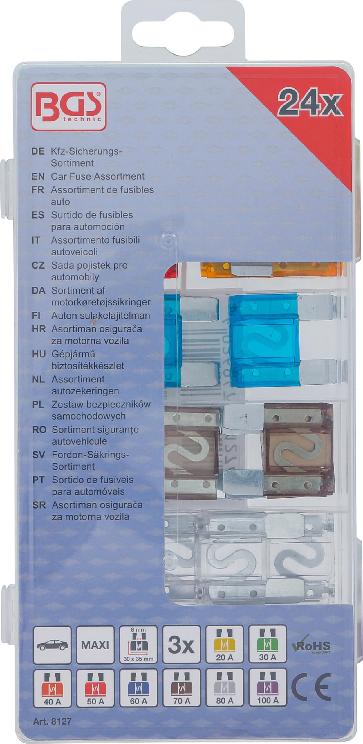 BGS 8127 | Zestaw bezpieczników samochodowych | Maxi | 24 szt.