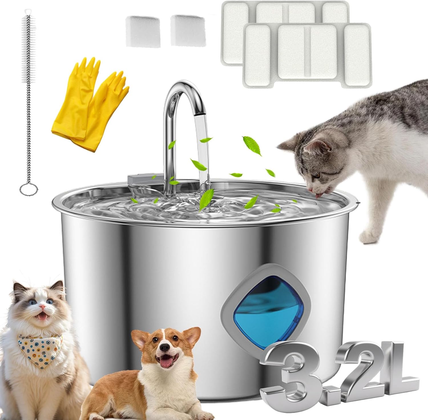 Cat Water Fountain, 3.2L/108oz Purrify Stainless Steel Water Fountain with Silent Pump 4-Stage Filtration, Automatic Water Dispenser for Dogs and Cats (with 2 Filter Element, 3.2L)