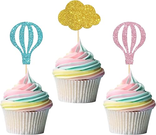 24 decoraciones para cupcakes con purpurina para globos de aire caliente, decoración de nubes para baby shower/cumpleaños de niños, temática de