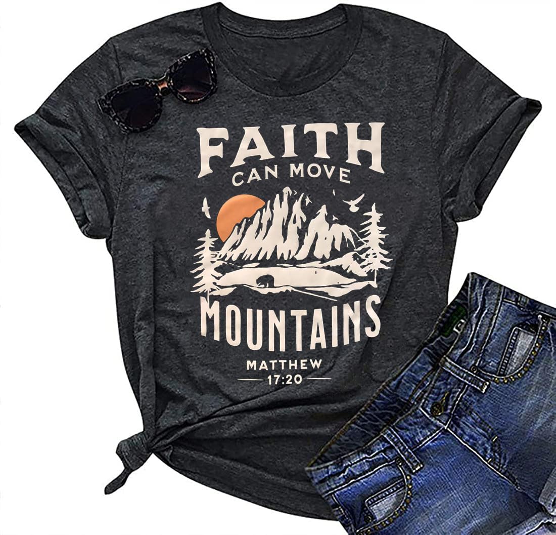 ASAMOFaith Can Move Mountains Shirts Women Camping Hiking Tshirt Outdoor Adventure Short Sleeve Tees Christian Tops