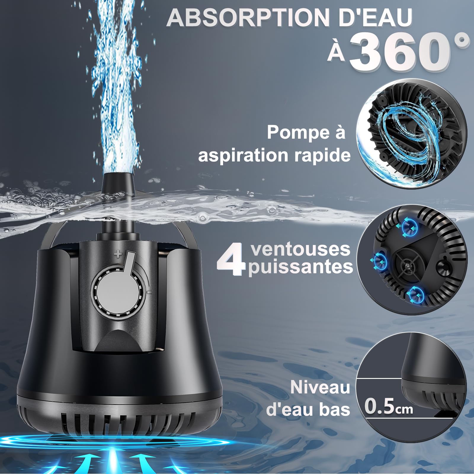 Knifel Pompe à Eau Submersible 60W 3500L/H Ultra Silencieuse | Absorption d'Eau à 360°, Avec Interrupteur Réglable, Câble de 1.5m, pour Étang, Aquarium, Hydroponie et Fontaine