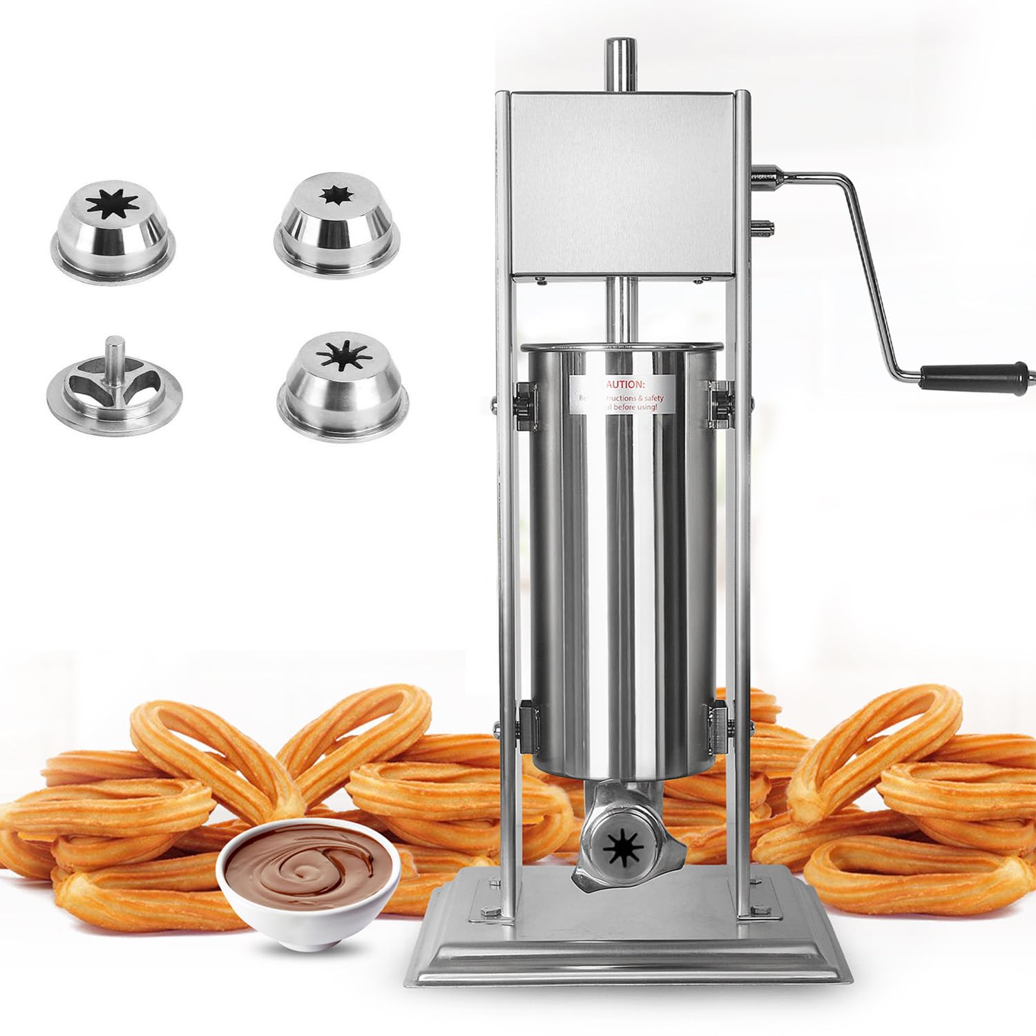 Qiang Machine à Churro Espagnole Verticale Commerciale,Machine Remplissage Churros Manuelle,Appareil à Churros en Acier Inoxydable avec 4 Buses,pour Restaurants Et Boulangeries,7L