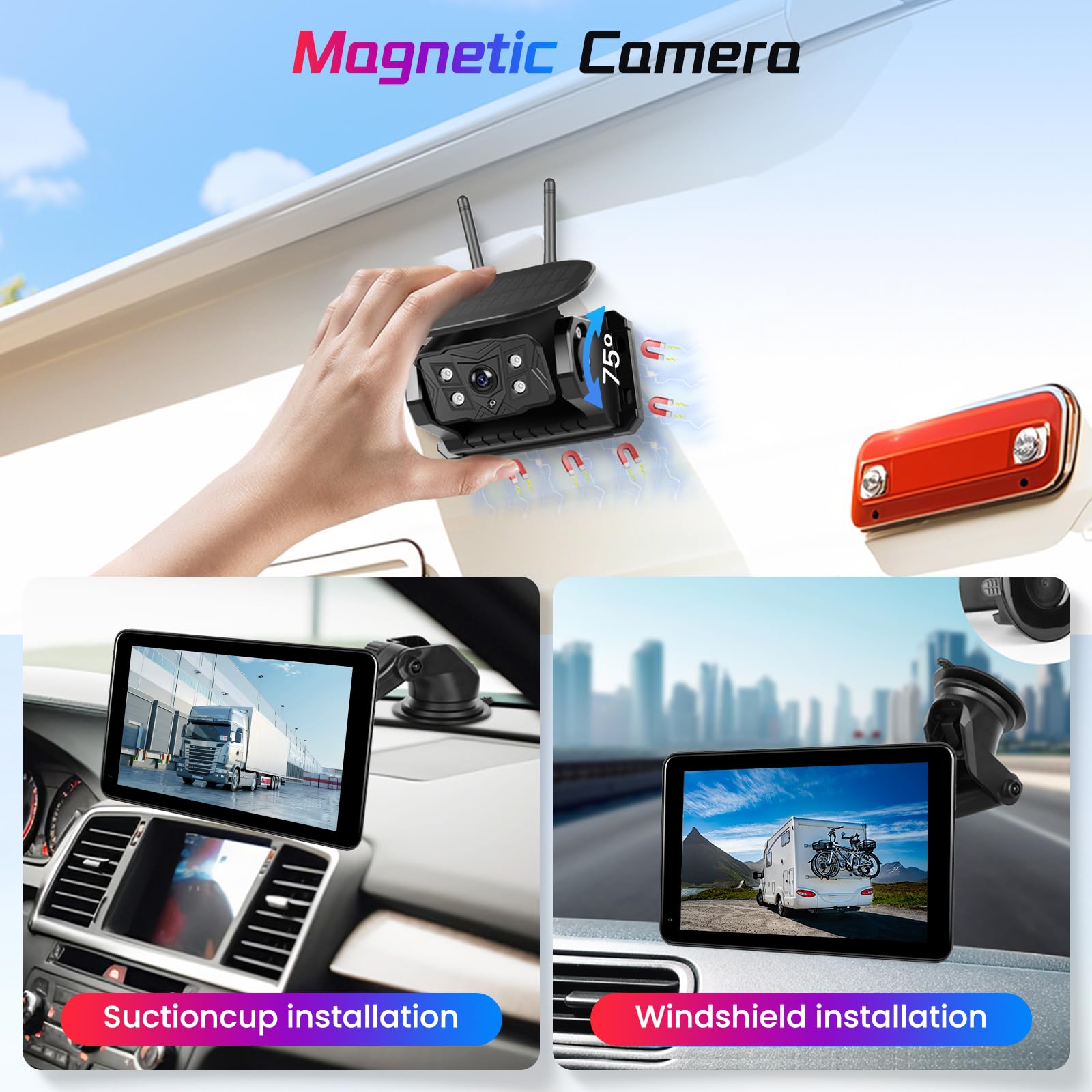 Telecamera di Retromarcia Solare Senza Fili Kit, 7 Pollici Monitor Touch Screen, 10000mAh Magnetica Tipo C Ricaricabile Telecamera Posteriore con Registrazione DVR BSD Visione Notturna Impermeabile