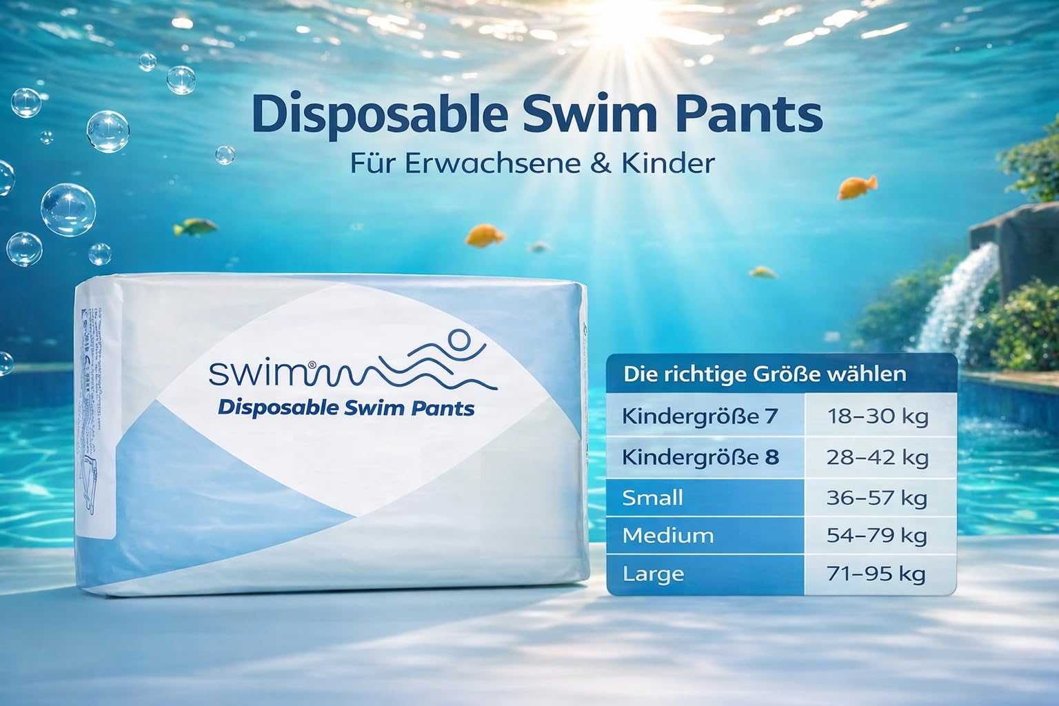 Pañales de natación desechables para niños – Talla 8 (28–42 kg) – 30 unidades – Discreto y Suave para la piel – Protección contra incontinencia fecal – Natación segura en el agua