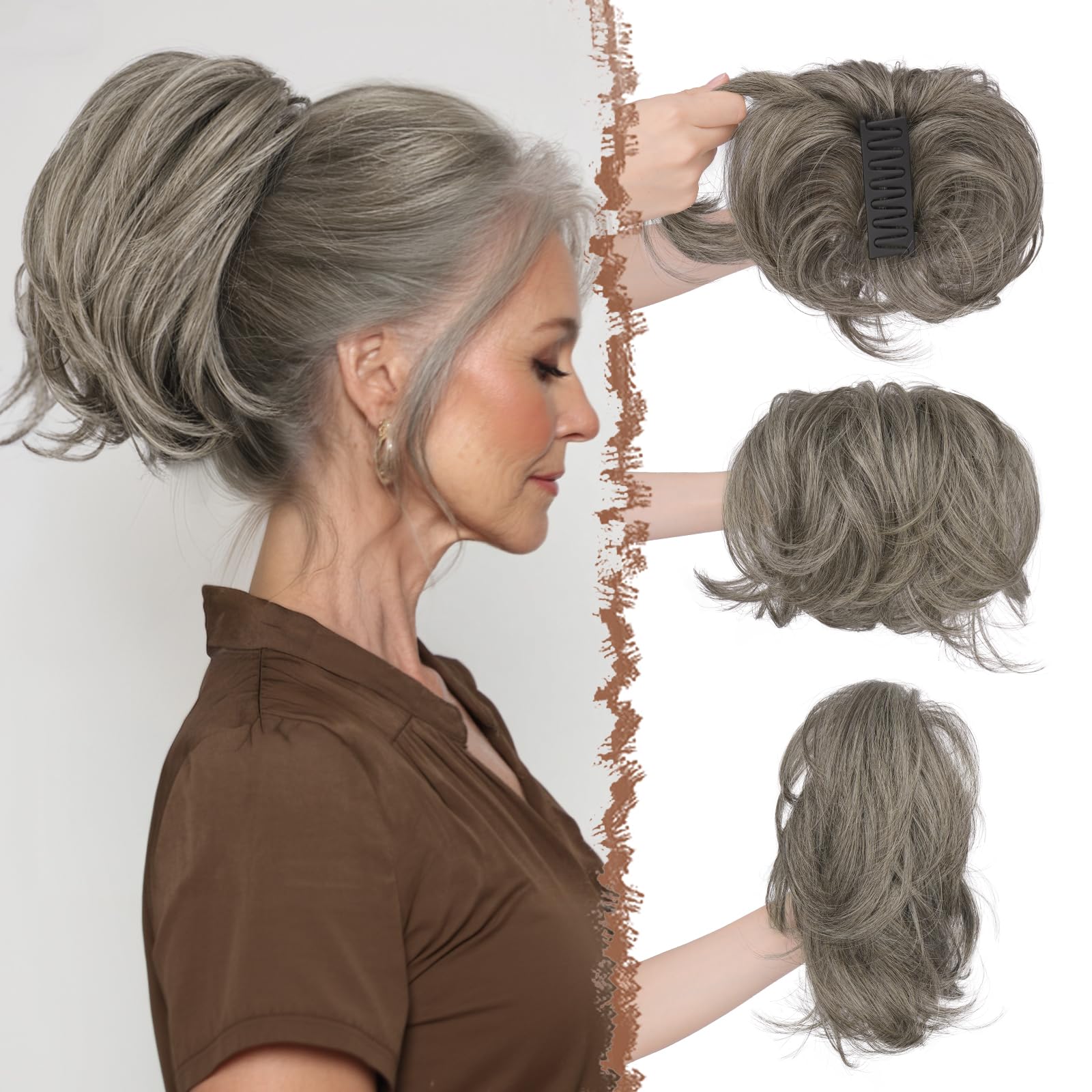 Photo 1 of ***STOCK PHOTO FOR REFERENCE ONLY*** FESHFEN Claw Clip Short Ponytail Extensions - DIY Bendable Metals Fluffy Messy Bun Hair Piece Straight Synthetic Hairpieces Ponytail Extension for Women, Salt and Pepper