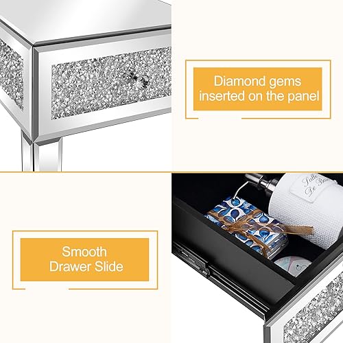 Miniatura 8 de VINGLI Mesa auxiliar estrecha con espejo, pequeña mesa auxiliar para sofá/sofá/cama con almacenamiento, mesita de noche de cristal delgada para