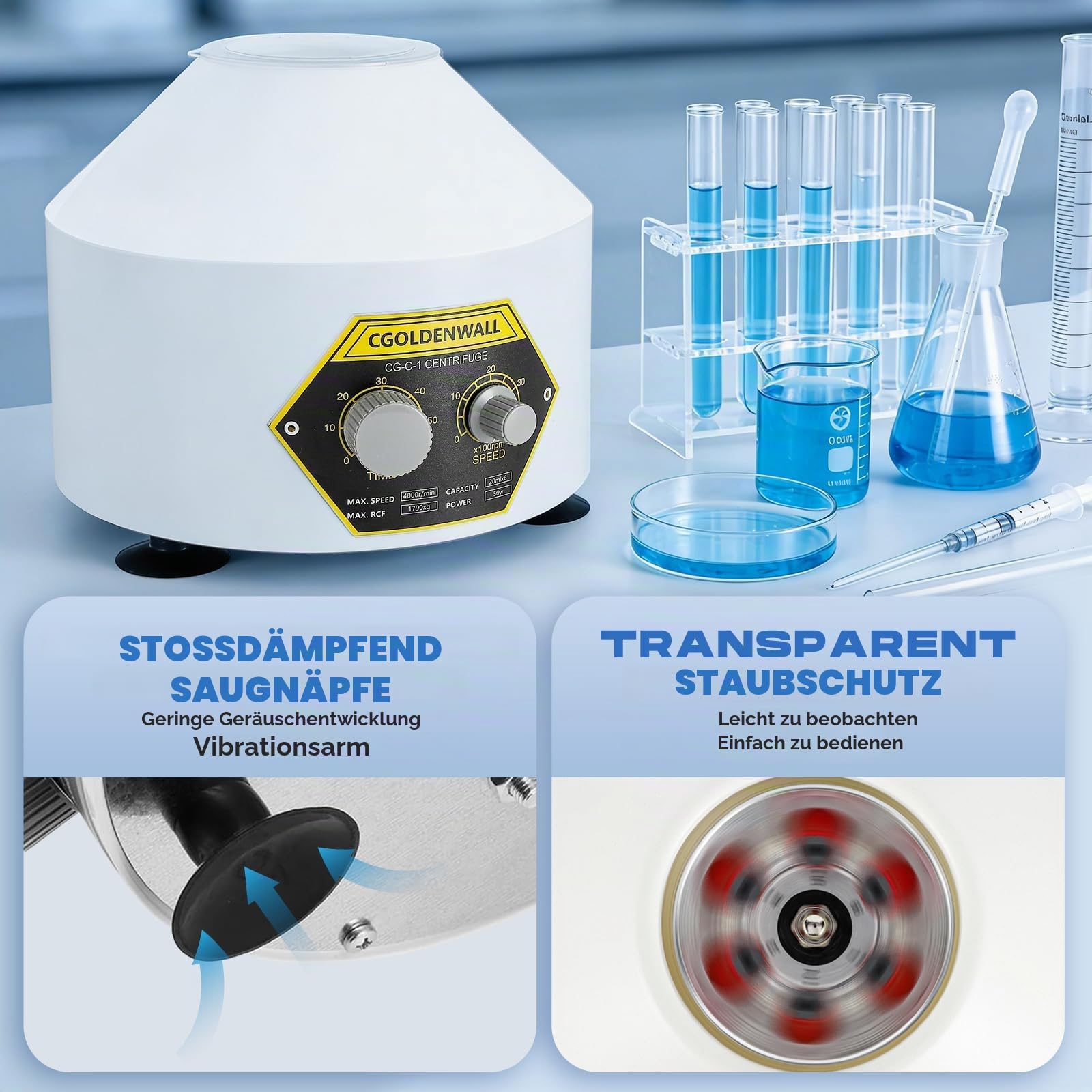 CGOLDENWALL Laborzentrifuge mit 6 * 20 ml Zentrifugenröhrchen &Transparentem Deckel, 4000 U/min Max. Geschwindigkeit, 0-60 Min. Timer, 1790 xg Max. RZK Geeignet für 5/7/10/15 ml Vacutainer Röhrchen
