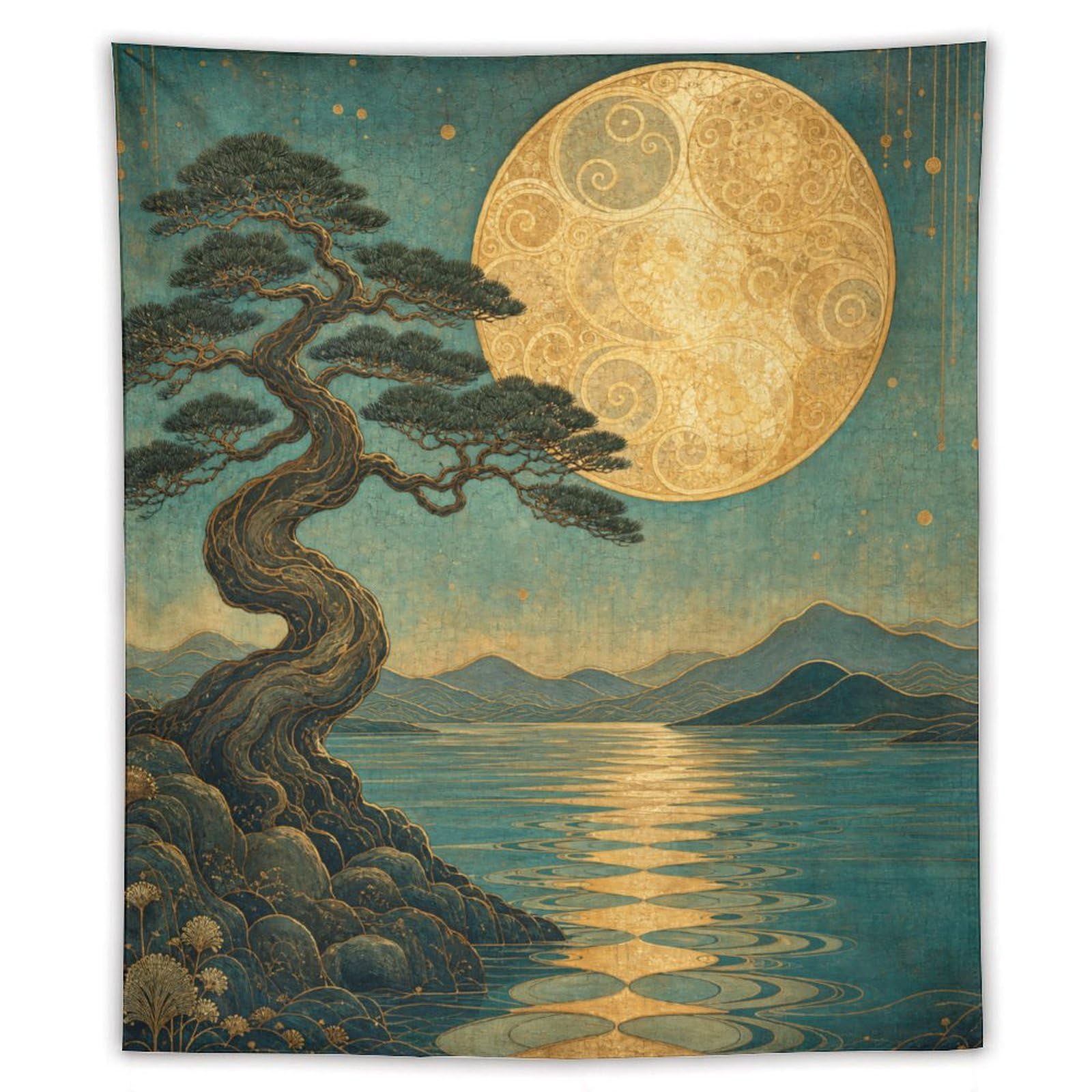 H3B8U2Y5 Pine Tree under Full Moon Wall Tapestry, Ukiyo-e, Room Divider