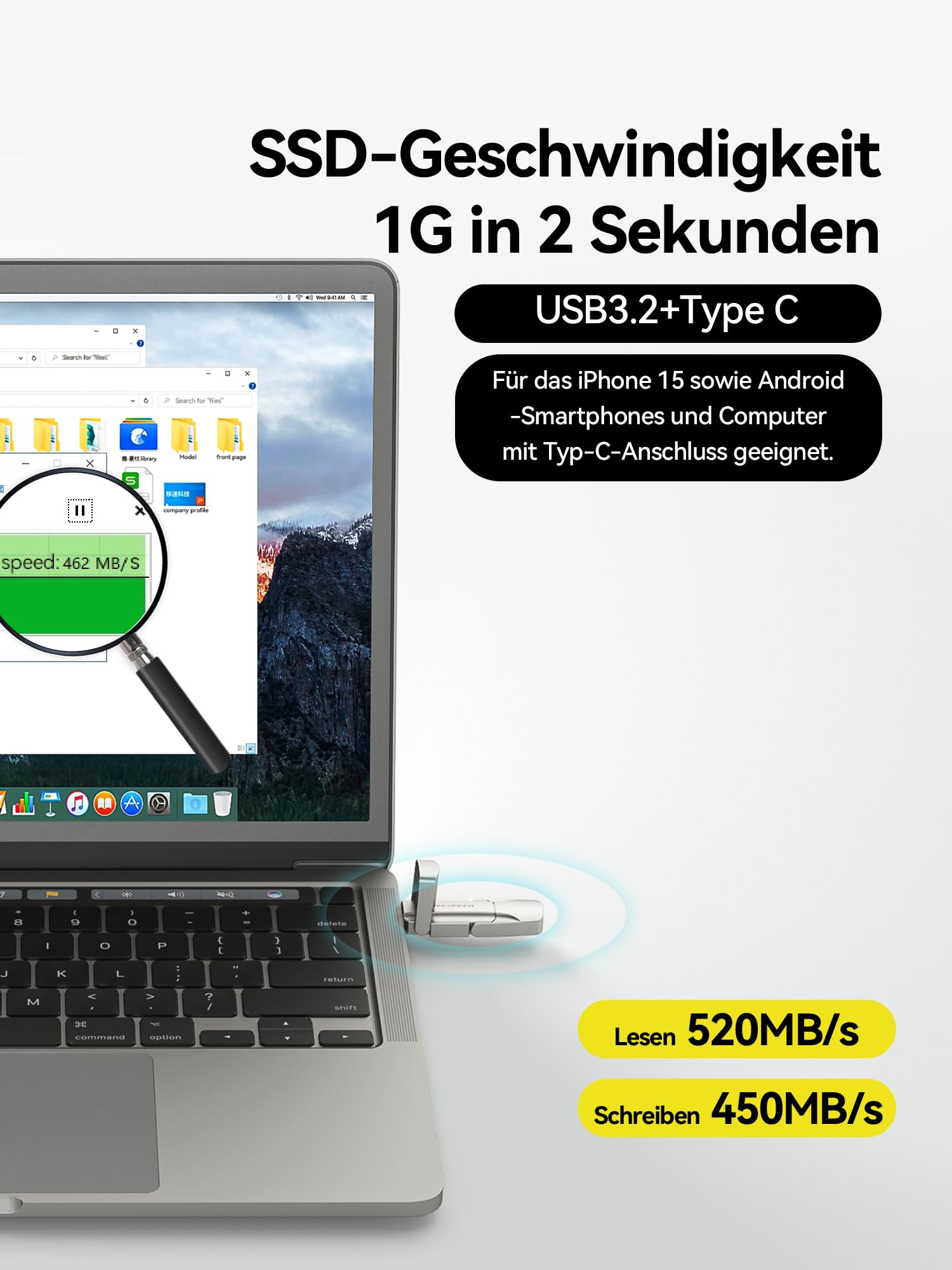 MOVE SPEED USB C Stick 256 GB – SSD esterno ad alta velocità 400 MB/s, dual USB Type-C + USB A 3.2 Gen2, chiavetta OTG compatibile con smartphone Android, iPhone 15, MacBook, laptop e tablet