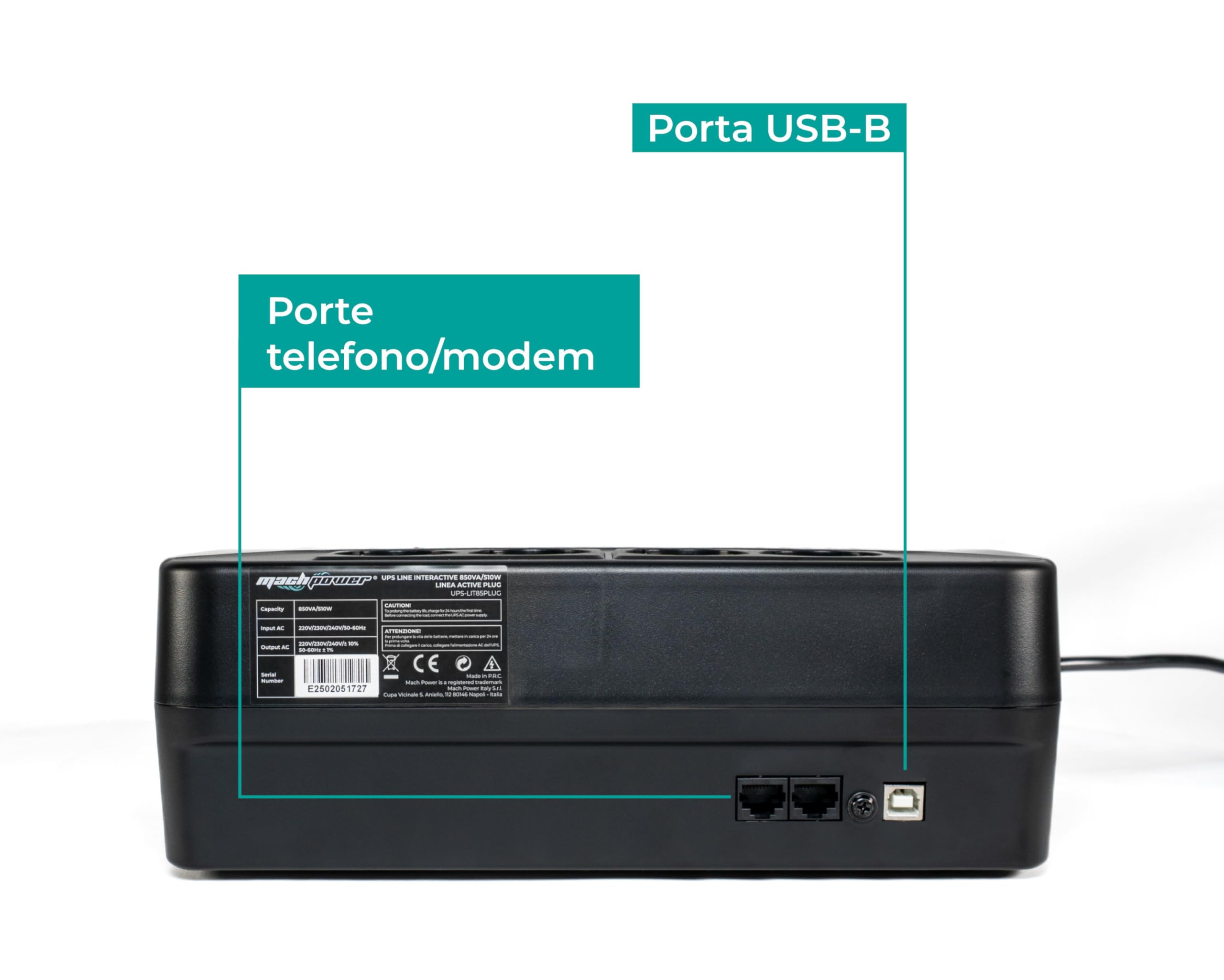 UPS Line Interactive 850VA/510W – 8 Prese Schuko, Batteria 12V 8Ah, Protezione Sovratensioni, Porta USB e TEL/MODEM, Software UPSmart incluso (UPS-LIT85PLUG)