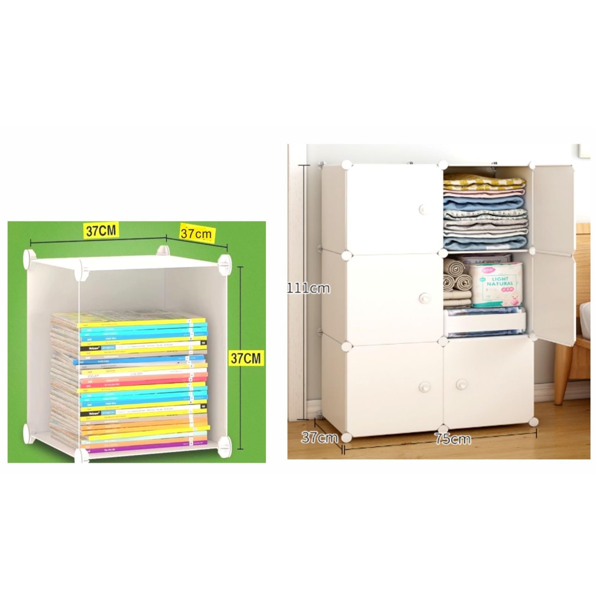 Generico Modułowa szafa modułowa, 6 przegródek, biała z drzwiami, modułowa 3 x 2, 111 x 37 x 75 cm, wielofunkcyjna, oszczędność miejsca do pokoju, salonu, garażu