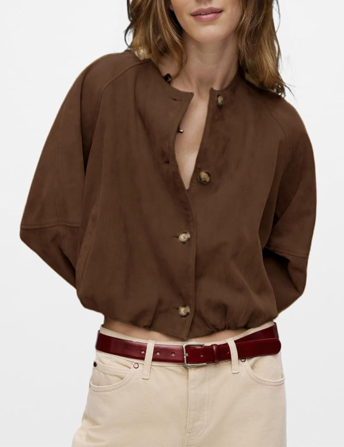 Women’s Cropped Faux Suede Jacket Crew Neck Button Down Outerwear Long Sleeve Oversized Bomber Jacket - Image 2