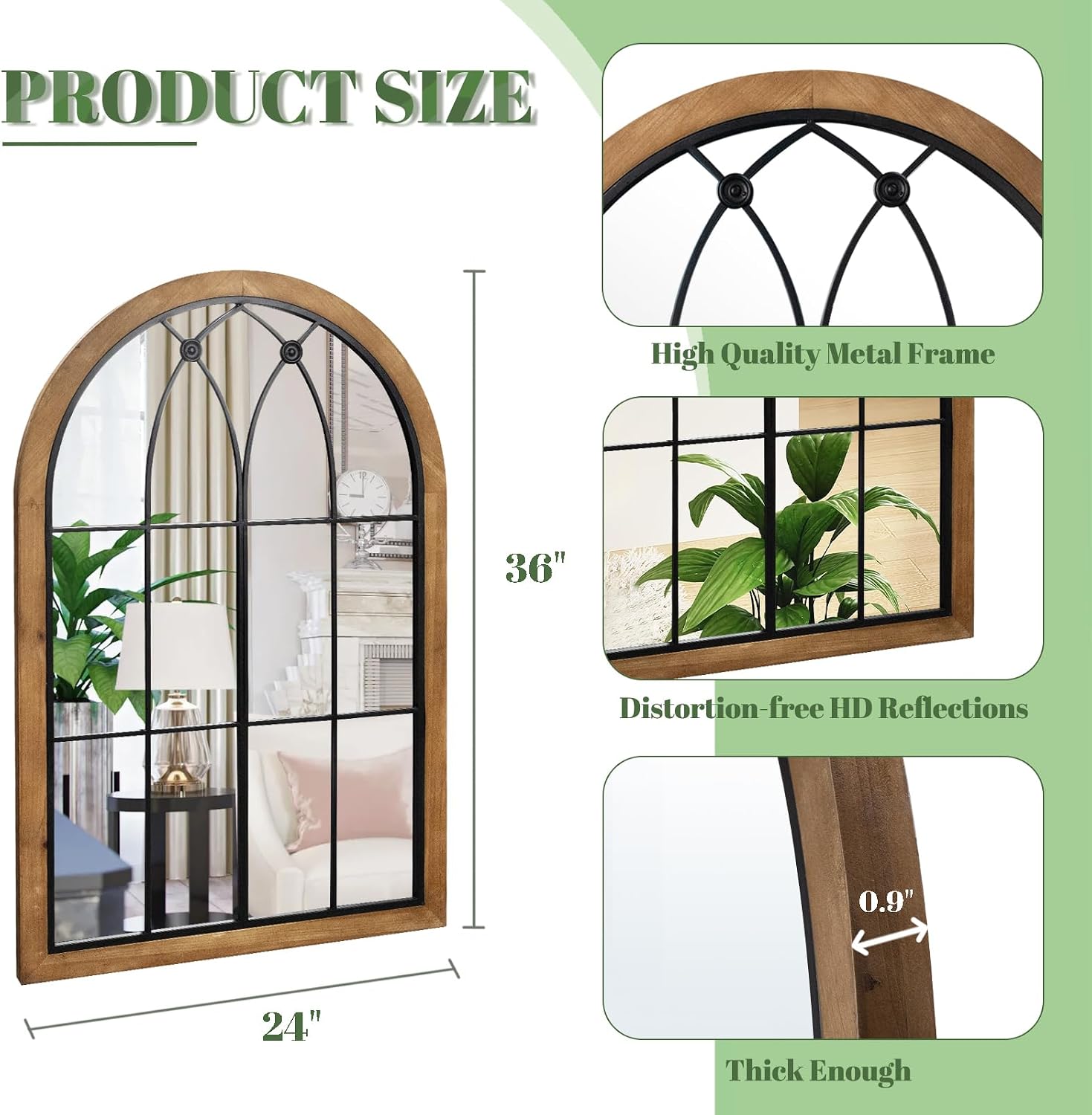 Farmhouse Wooden Window Mirror, 24" x 36" Brown Arched Mirror image 3