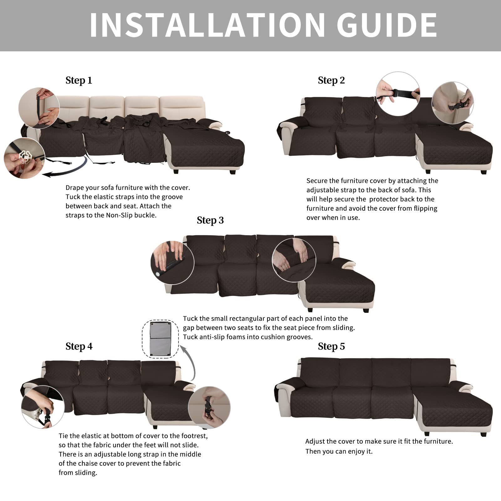 Easy-Going Reversible Recliner L Shape Sofa Cover 4 Pieces Sectional Couch Cover Non Slip Split Sofa Slipcover Furniture Protector with Adjustable Straps for Kid Pet (Large, Chocolate/Chocolate)