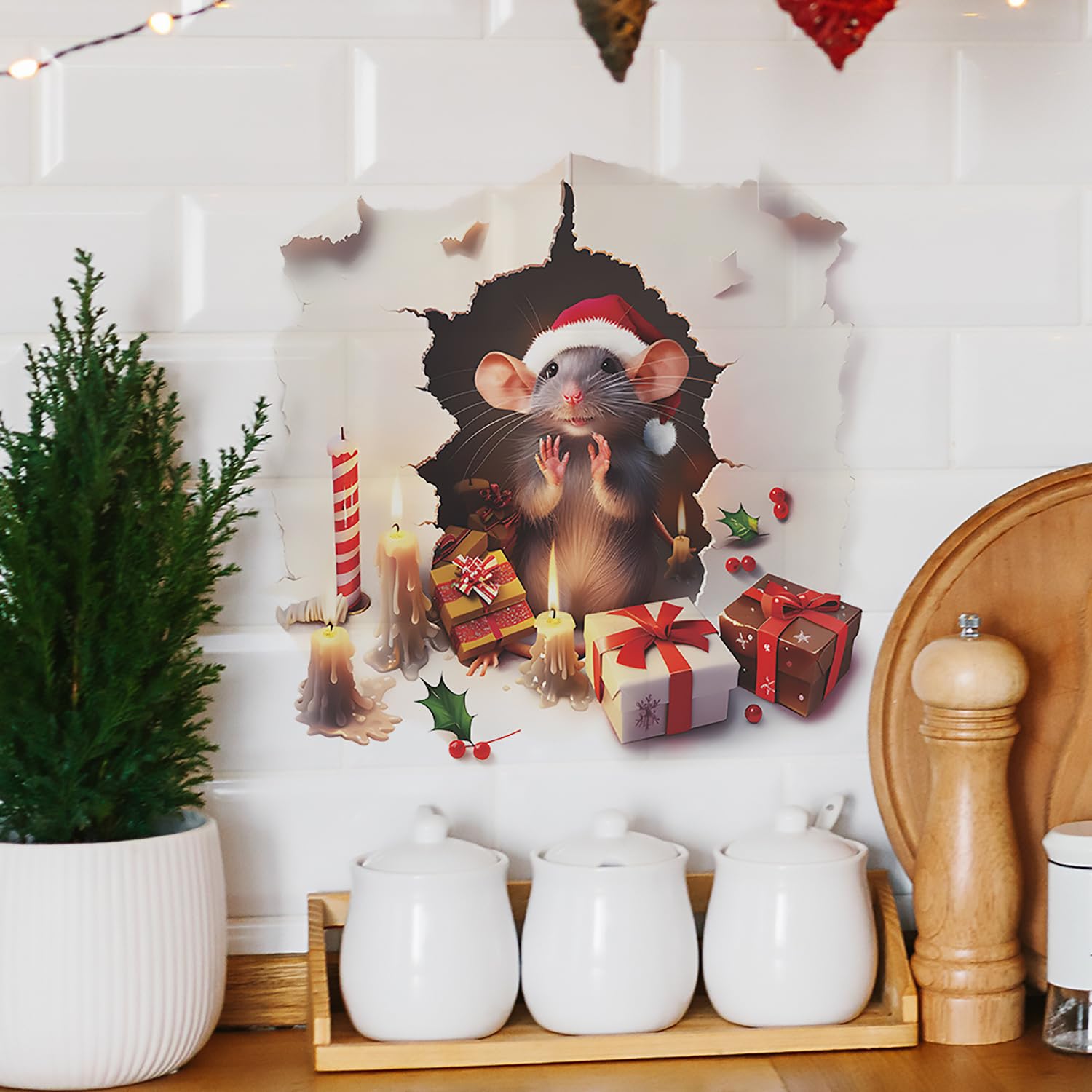 Christmas 3D Mouse Hole Wall Decals With Gift Boxes - Removable Funny Xmas Winter Decorations for Home, Kids Room, Living Room, Bedroom, Nursery, Party Decor
