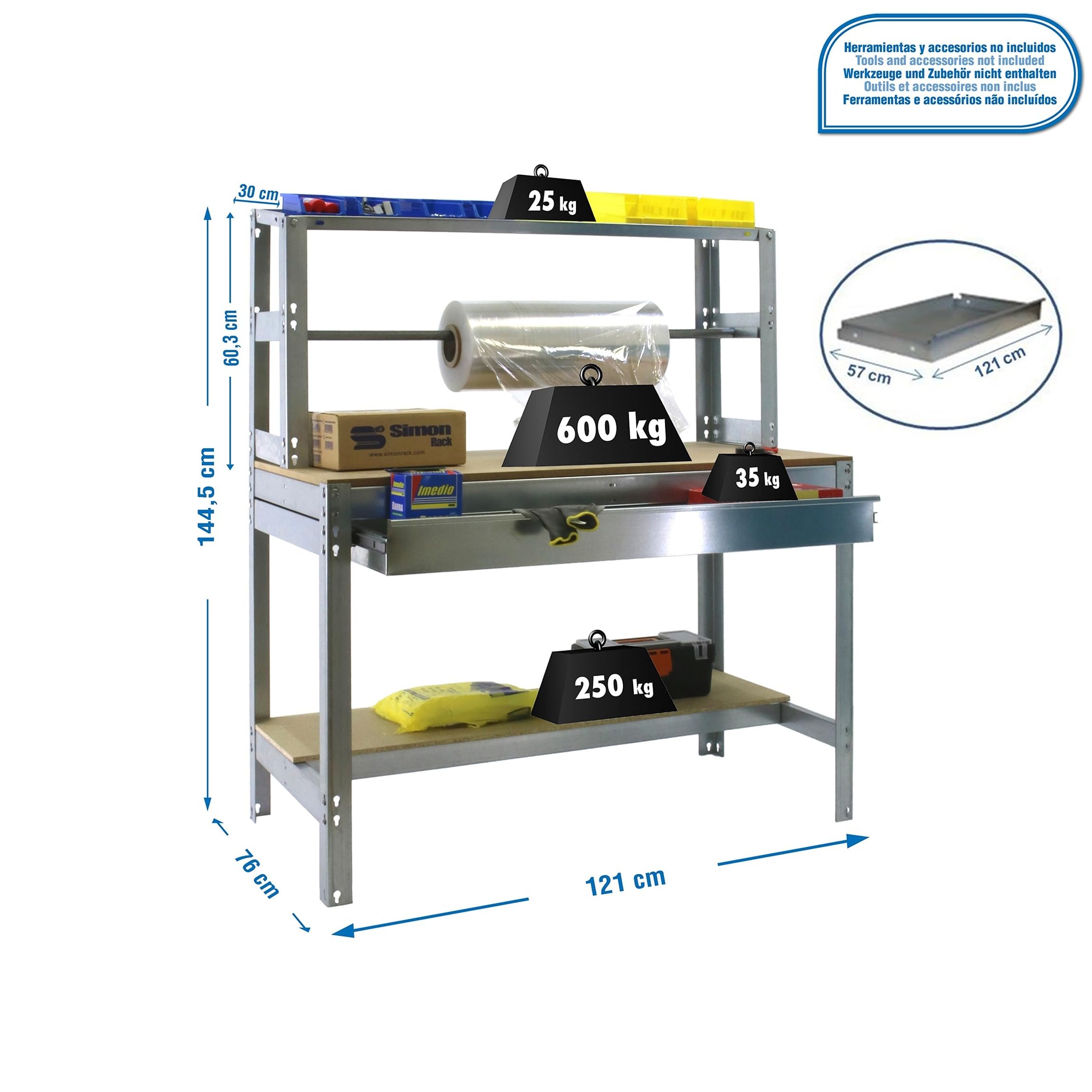 Simon Rack Banco de Trabajo con Porta Rollo y cajón 1210x760 mm - BT4 | Tablero madera 16 mm, Capacidad Carga 600 kg, Galva , Pintura anticorrosión, Montaje sistema clic