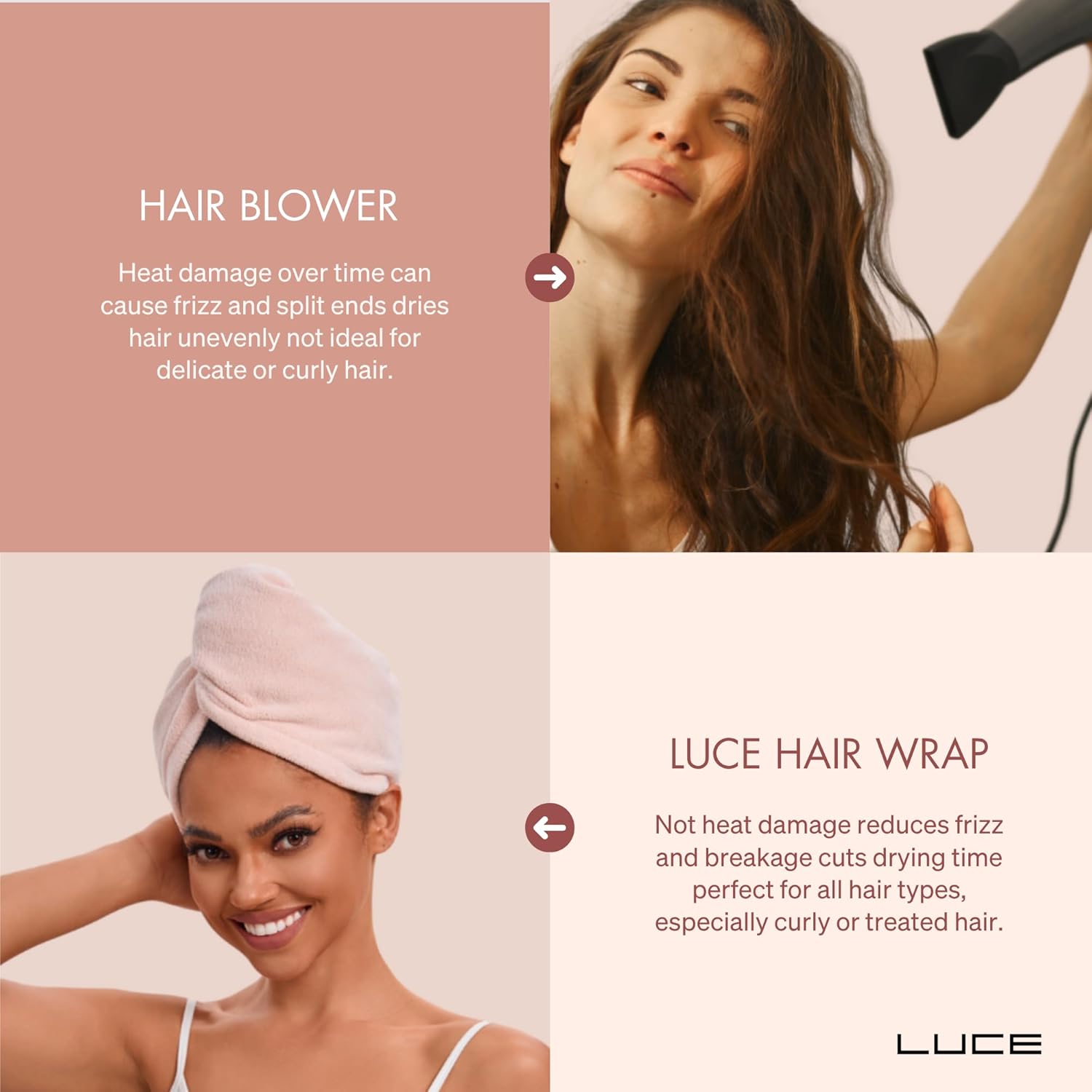 LUCE Hair Towel wrap for Women – Premium 400 GSM Microfiber Hair Towel Anti frizz, Highly Absorbent, Adjustable Thick Elastic Fit for Kids & Adults, Perfect for Curly, Wavy & Long Hair Care