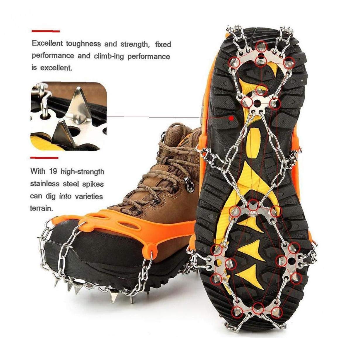 Ice Snow Grips, 19 Teeth Walk Traction Ice Cleat Spikes Edelstahlspikes und strapazierfähiges Silikon für Stiefel und Schuhe Skifahren im Freien Wandern Klettern Gehen Joggen