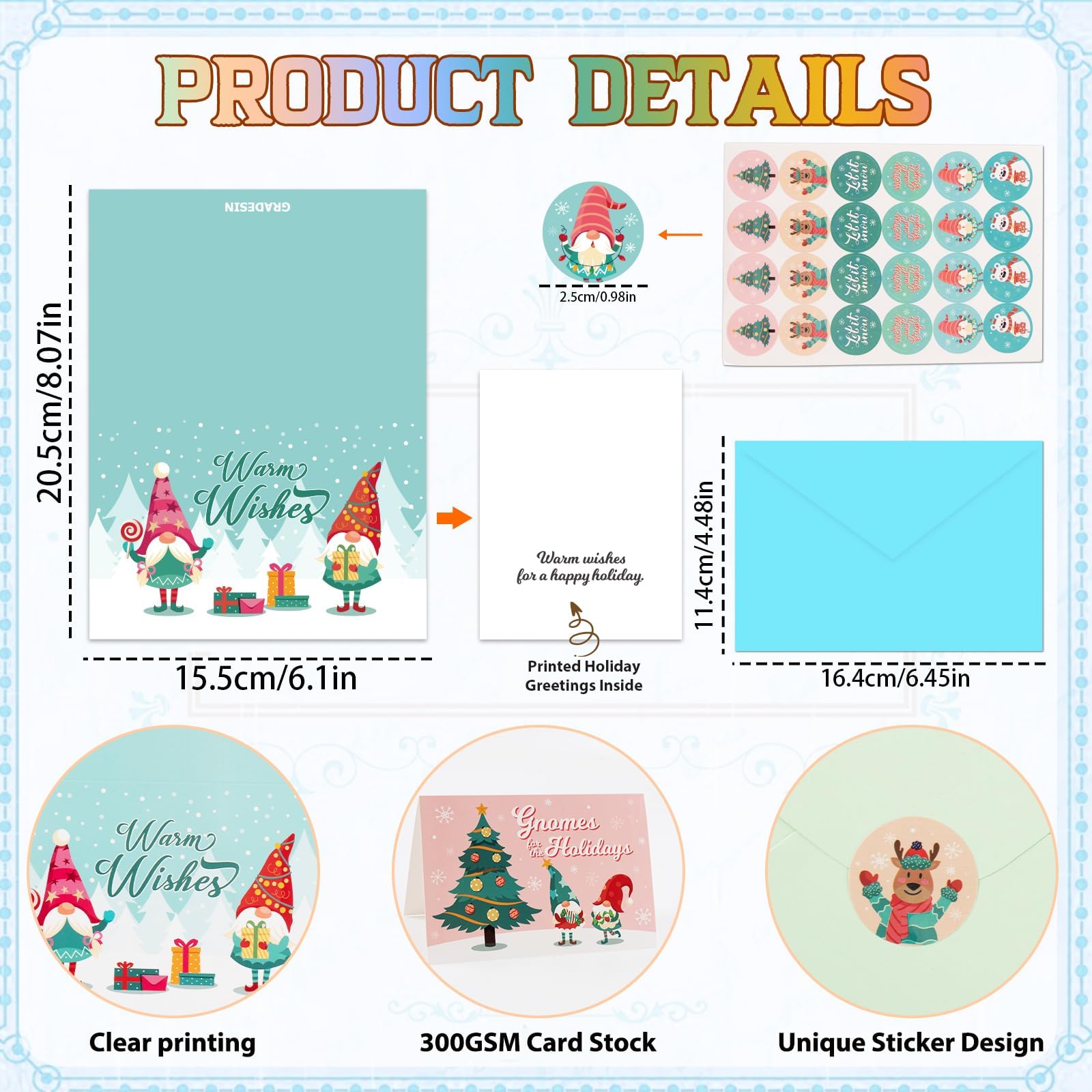 GRADESIN 24 tarjetas de amor de Navidad e invierno, enanos y tema de invierno, tarjetas de Navidad de papel pesado Gork con calcomanías redondas para Navidad, Año Nuevo, fiestas para enviarse saludos
