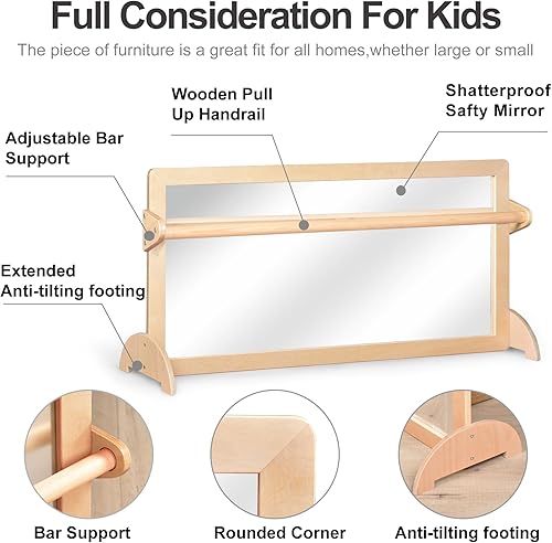 Miniatura 5 de Marco de madera Montessori de 3 posiciones, barra de dominadas de seguridad que no se rompe, juego de espejo grande para bebé, espejo de