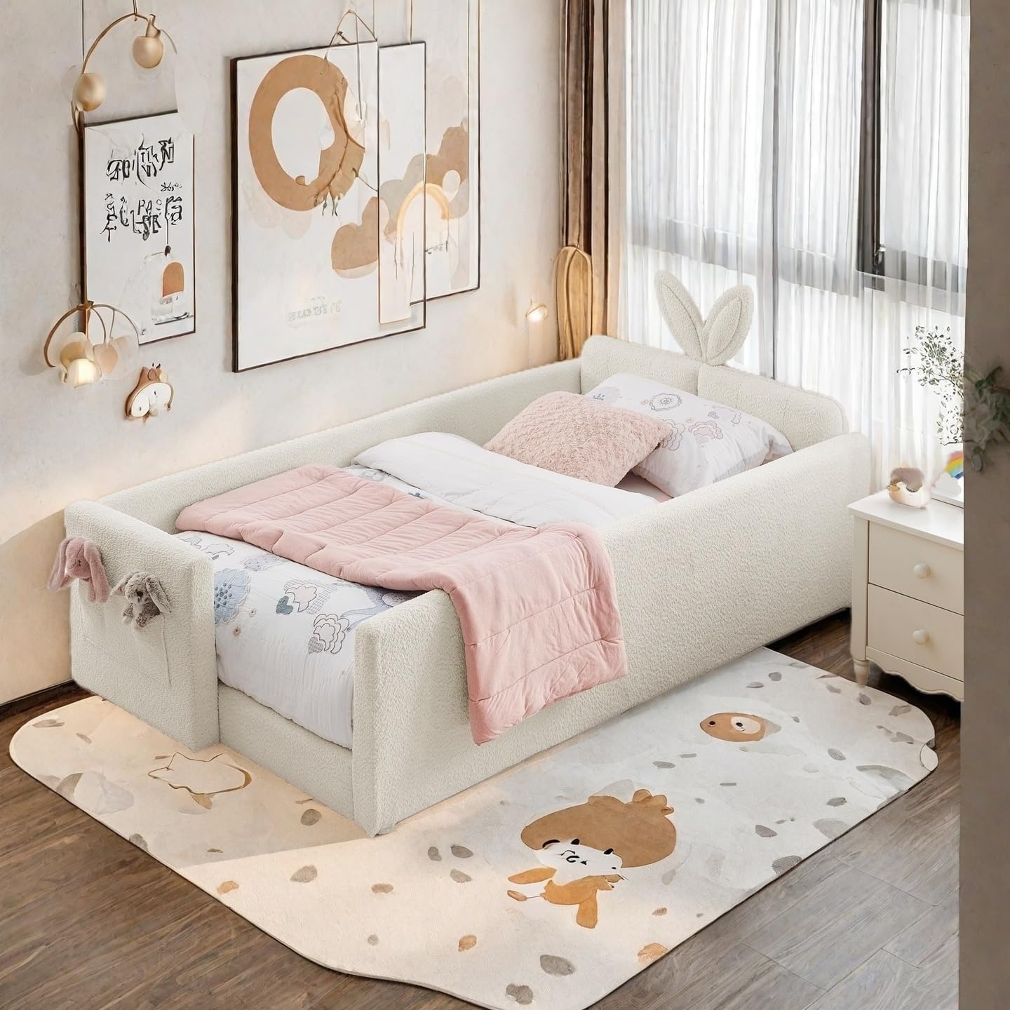 SOFTSEA Twin Size Upholstered Bed for Kids, Cute Daybed Floor Bed with Rabbit Ear Shaped Headboard, Pocket & Rails, Boucle Platform Bed Frame for Kids Teens Girls Boys, Beige
