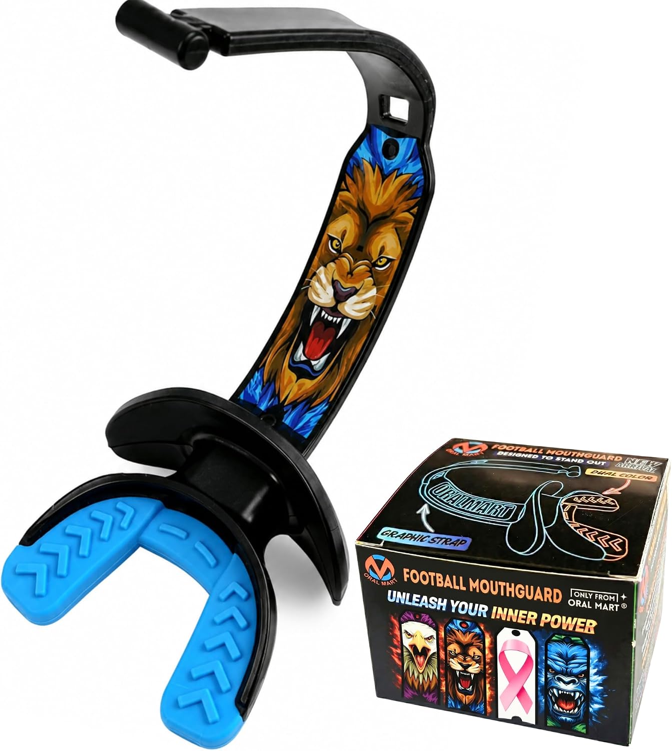 ORAL MART 2026 Youth Football Mouthpiece for Kids - Football Pacifier Mouth Guard with Graphic Permanent Strap (Dual-Color) - Lip Guard Mouth Guard (for Braces) - Instant Fit (No Boil)