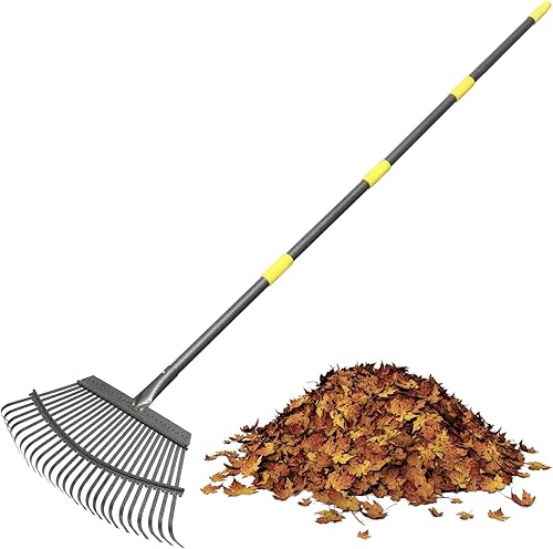 Rastrillo para hojas, rastrillo de hojas de 25 dientes para césped, hojas resistentes para césped de patio, rastrillo de metal de 18.5 pulgadas de