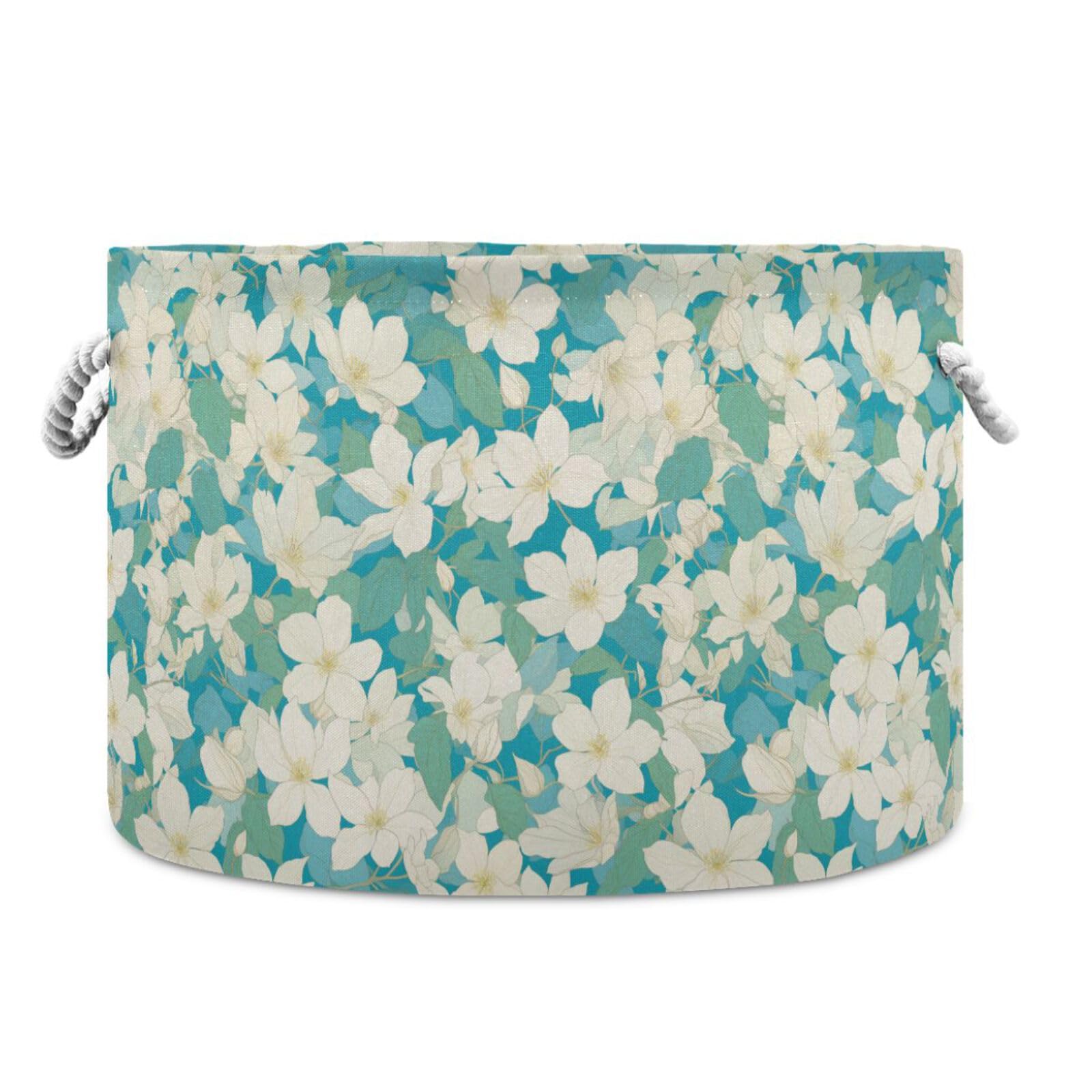 Yoogain Chic White Clematis Flowers Teal Background storage basket and waterproof fabric storage with sturdy handle stuff crate little for cloth gift clothing