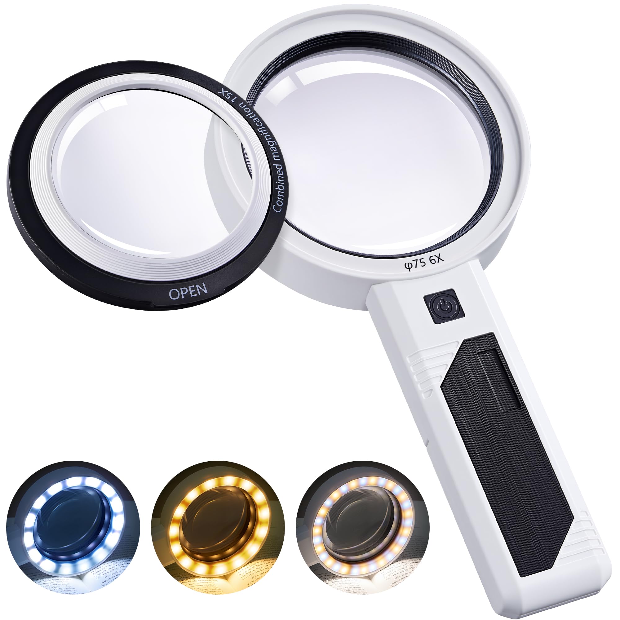 HEETA Vergrößerungsglas mit ultrahellen LED, 5X 10X Vergrößerung Handlupe Beleuchtete Lupe für Kinder, Senioren, Juwelier, Münzen(Schwarz)