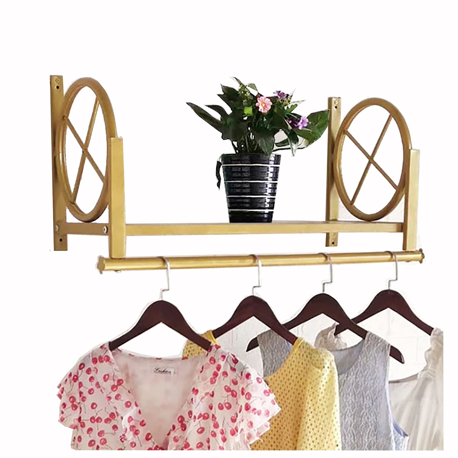 SaryEdge Clothing Rack Wall Mounted Garment With Shelves Clothes Rails Metal Coat Hanger Retail Display For Closet, Bedroom, Balcony,Gold-100cm,Gold-100cm