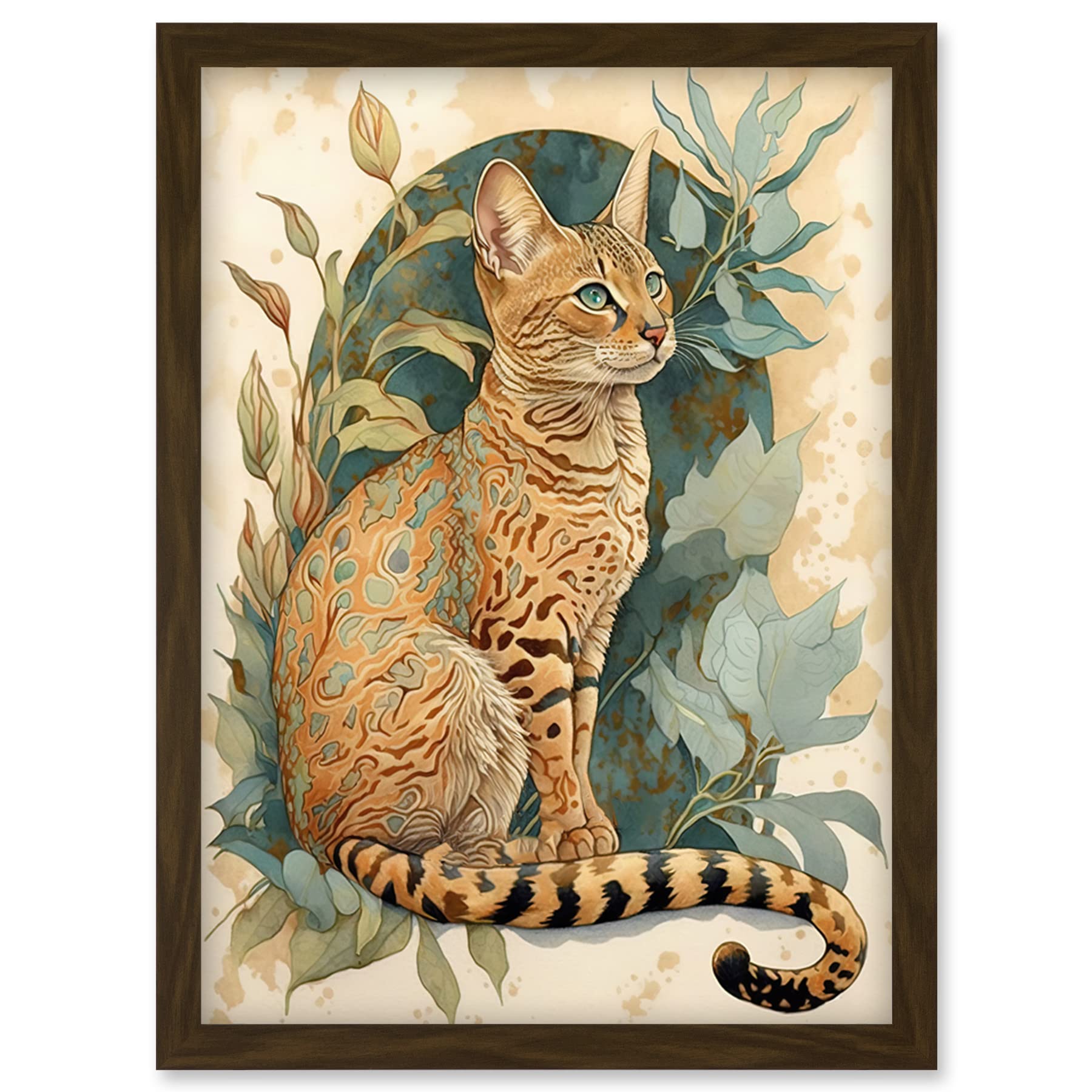 Ocicat Cat Teal Rosette Pattern Fur Leafy Plants Watercolour Illustration Art Print Framed Wall Art A4