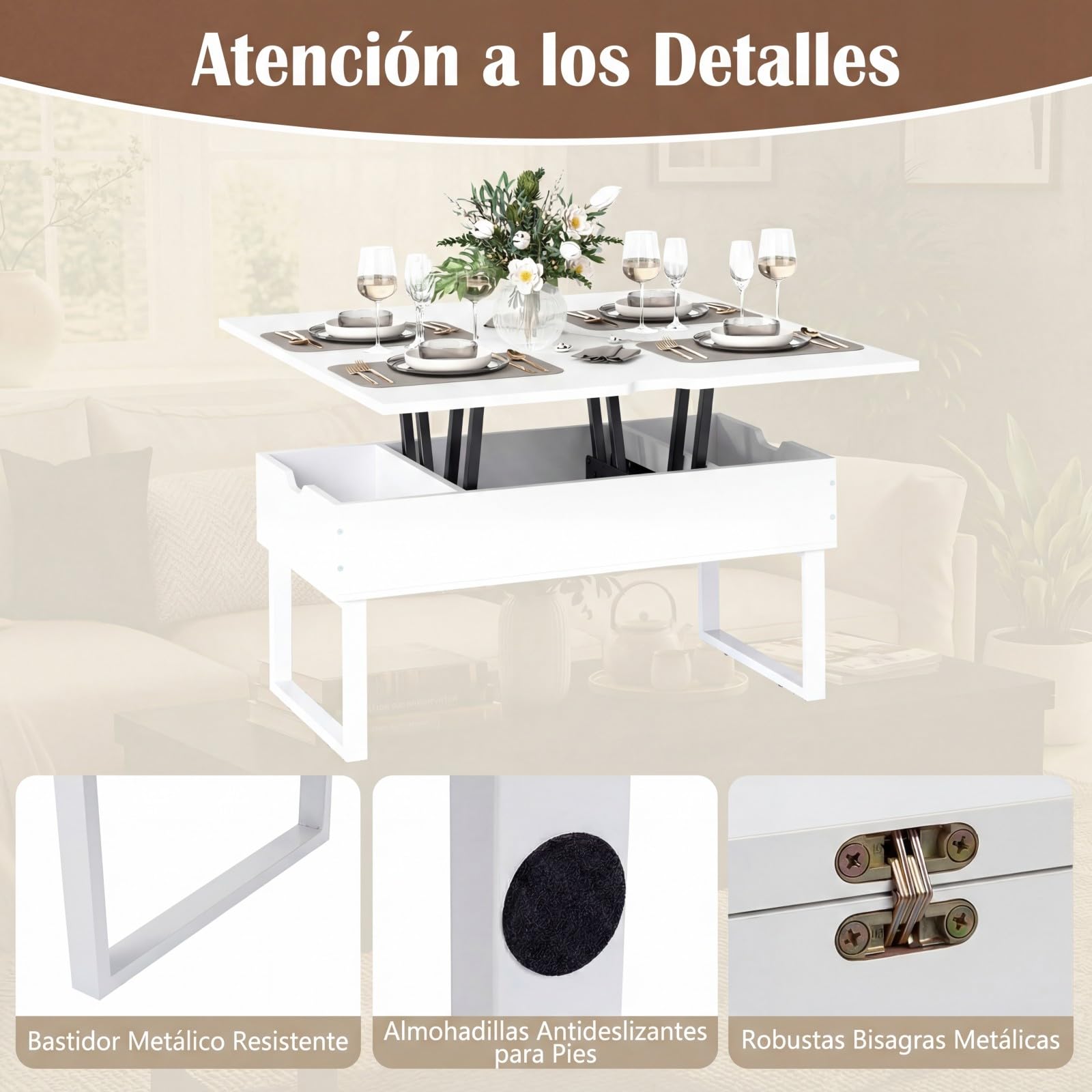 COSTWAY Mesa de Centro Elevable 3 en 1, Mesa Central Convertible con 3 Compartimentos Ocultos, Mueble de Comedor, Mesas de Cóctel de Madera para Salon, Oficina, 100 x 50 cm (Blanco)