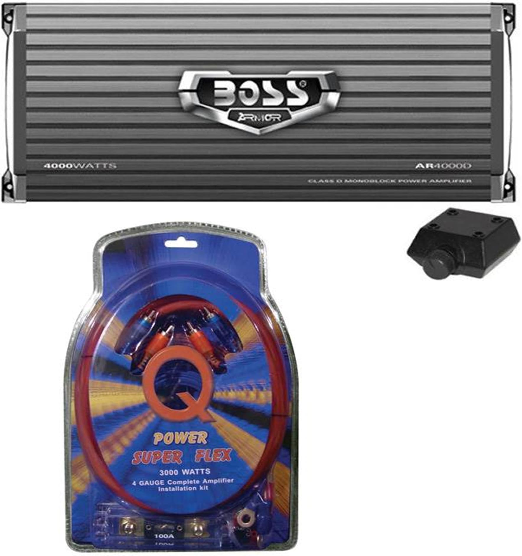 Boss Audio AR4000D 4000 Watt Monoblock Class D Digital Amplifier and 4GAMPKIT-SFLEX Q Power Super Flex 4-Gauge 3000-Watt Amplifier Installation Kit
