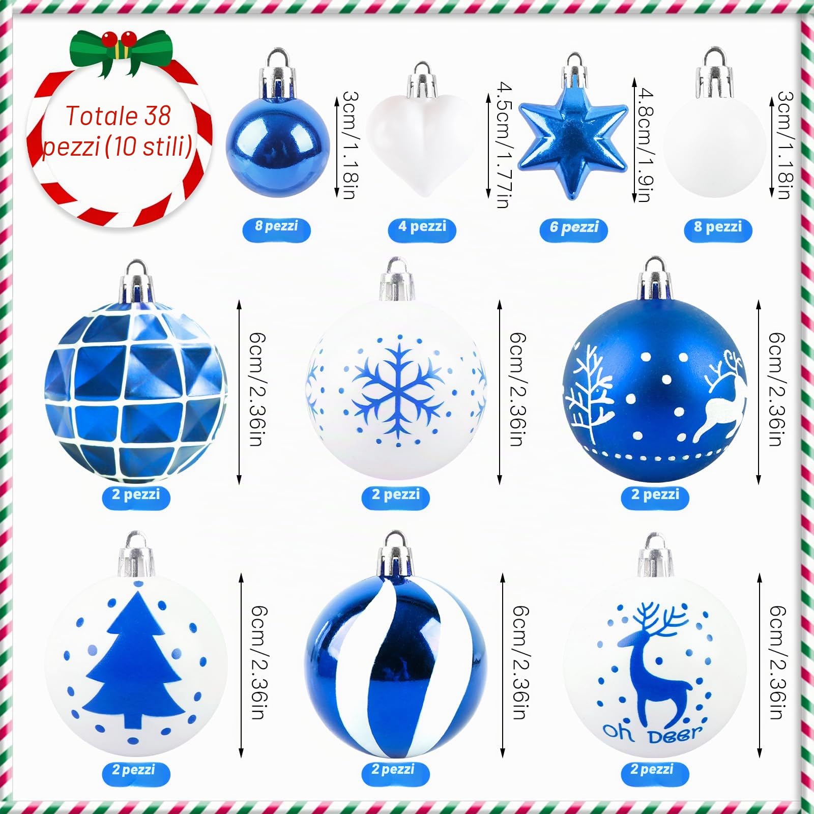 Aitsite 38 Pezzi Palline di Natale Blu e Bianco, 6CM /3CM Palline Albero di Natale Decorazioni Natalizie per Albero, Palle di Natale in Plastica, Infrangibile Appendere Addobbi Natalizi