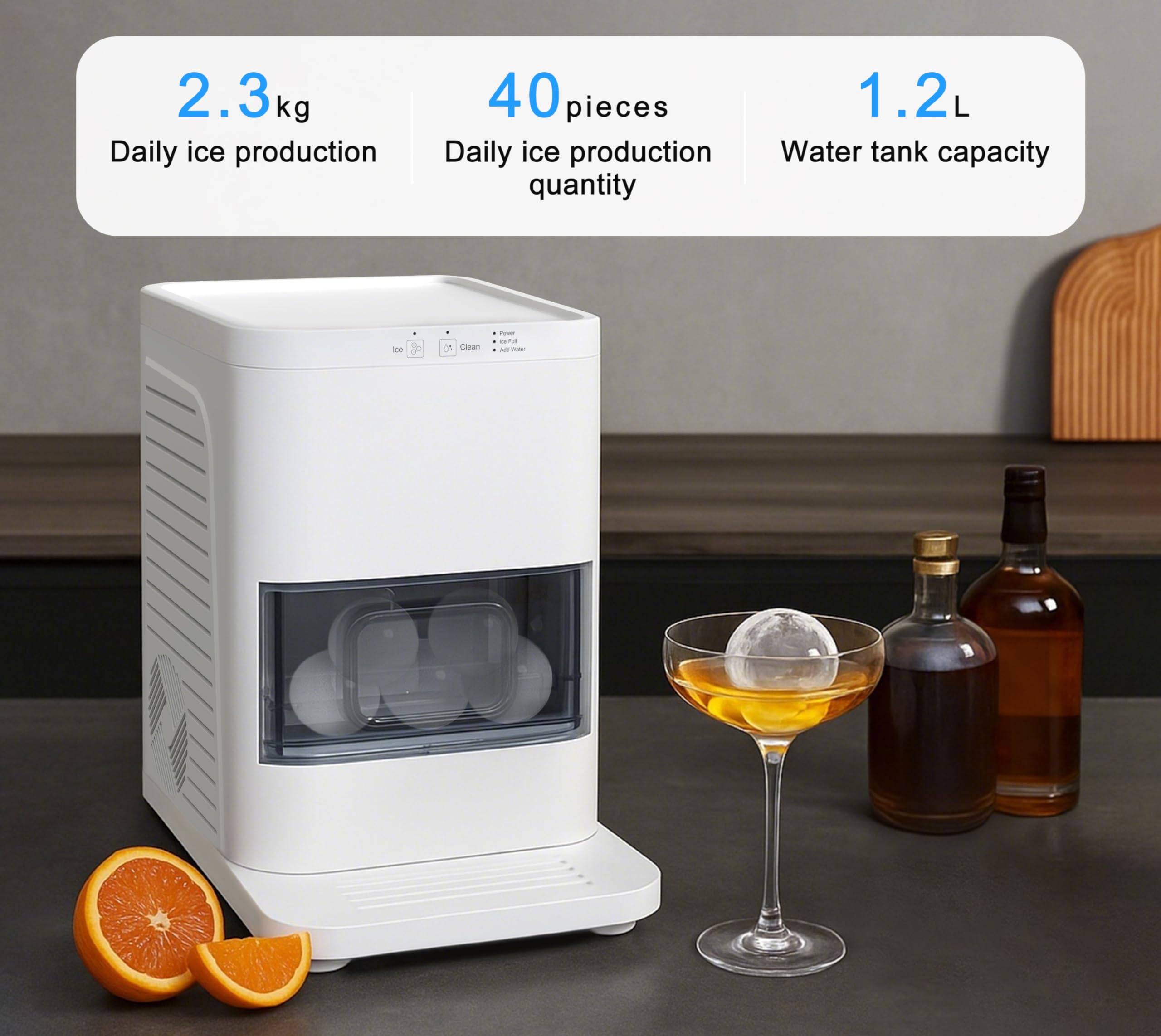 Eiskugel-Maschine, intelligente Sensoren, Ein-Tasten-Reinigung, 2 Stück in 50 Minuten, leise selbstreinigende Eismaschine mit Eiszange, für Cocktails & Whiskey, Tisch-Eismaschine für Zuhause, YH1590