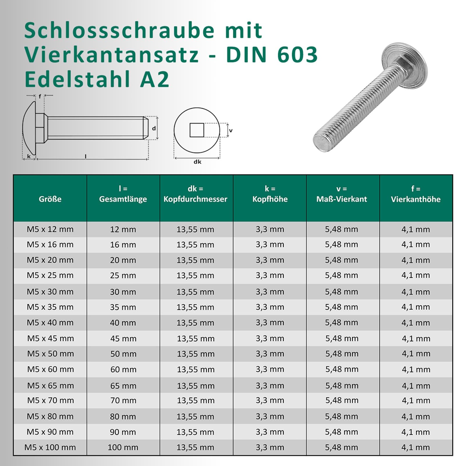 DSM – Lot de 100 vis de fixation M5 x 70 mm selon DIN 603 – Écrou de sécurité M5 DIN 985 & Rondelle DIN 125 – Acier inoxydable A2/V2A – Vis à tête bombée avec embase carrée – Écrous-butées – 100