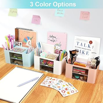 OFFCUP Desk Organiser with Drawer, Plastic Table Organiser, Office Desk Supplies Organizer Desktop Stationary Organiser Storage Pen Holder with 7 Grids for School Office Home (Blue)