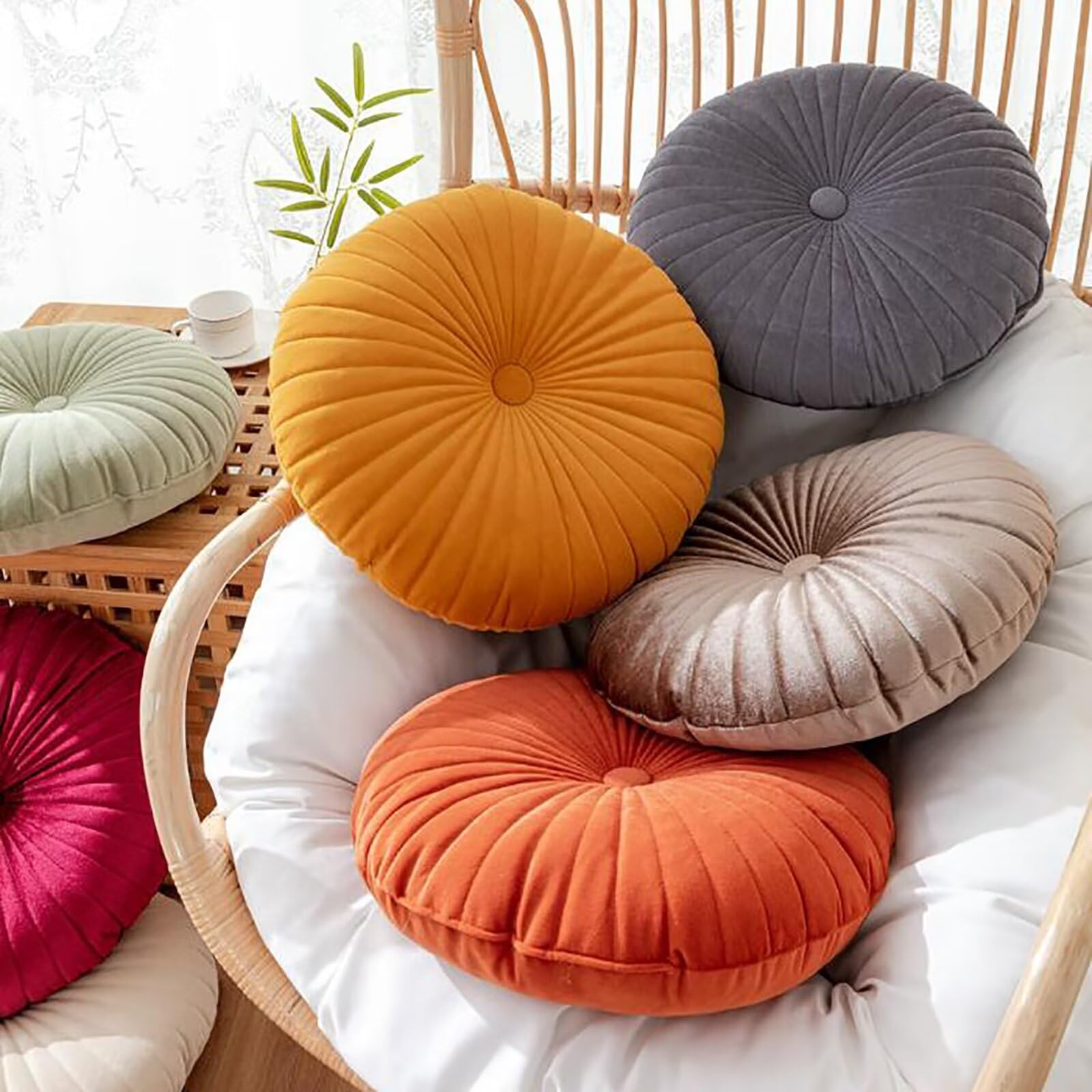 TESICA Round Throw Pillow Velvet Pleated Pillow Cushion Solid Color Small Pumpkin Cushion for Couch Chair Bed Car, Ginger