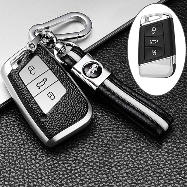 ontto etui na kluczyki samochodowe do VW Magotan Passat B8 CC Golf 7 Tiguan MK2 Jetta Skoda Superb A7 Kodiaq TPU skórzane etui na klucze z breloczkiem do kluczy ochronne etui pilot srebrny