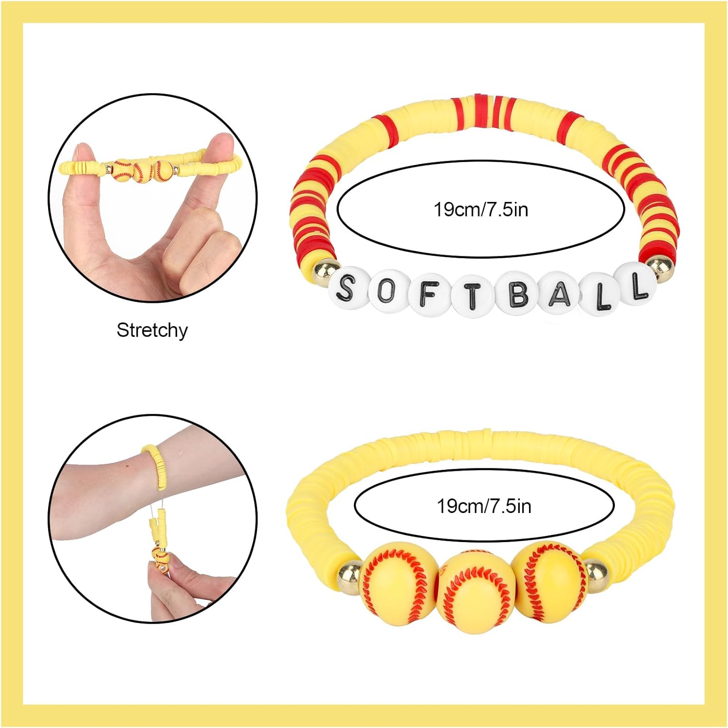 24 Pack Softball Clay Beaded Bracelets, Stretchy Sports Charm Bracelets Bulk Party Favors Decorations Accessories for Women Men Adults Players Coaches Teams Fans Jewelry Gifts (Yellow, Red)