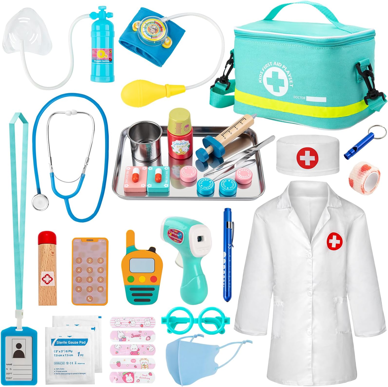 Sundaymot Doctors Set for Kids, 34 Pcs Kids Doctors Set with Real Stethoscope Portable Bag and Syringe, Pretend Role Play Medical Kit Toys Gifts for 3 4 5 6 Year Old Toddlers