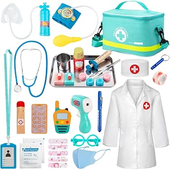Sundaymot Children's Wooden Play Set Doctor's Case with Real Stethoscope Thermometer Doctor's Coat and Portable Doctor Bag Role Play Toy from 3 Years