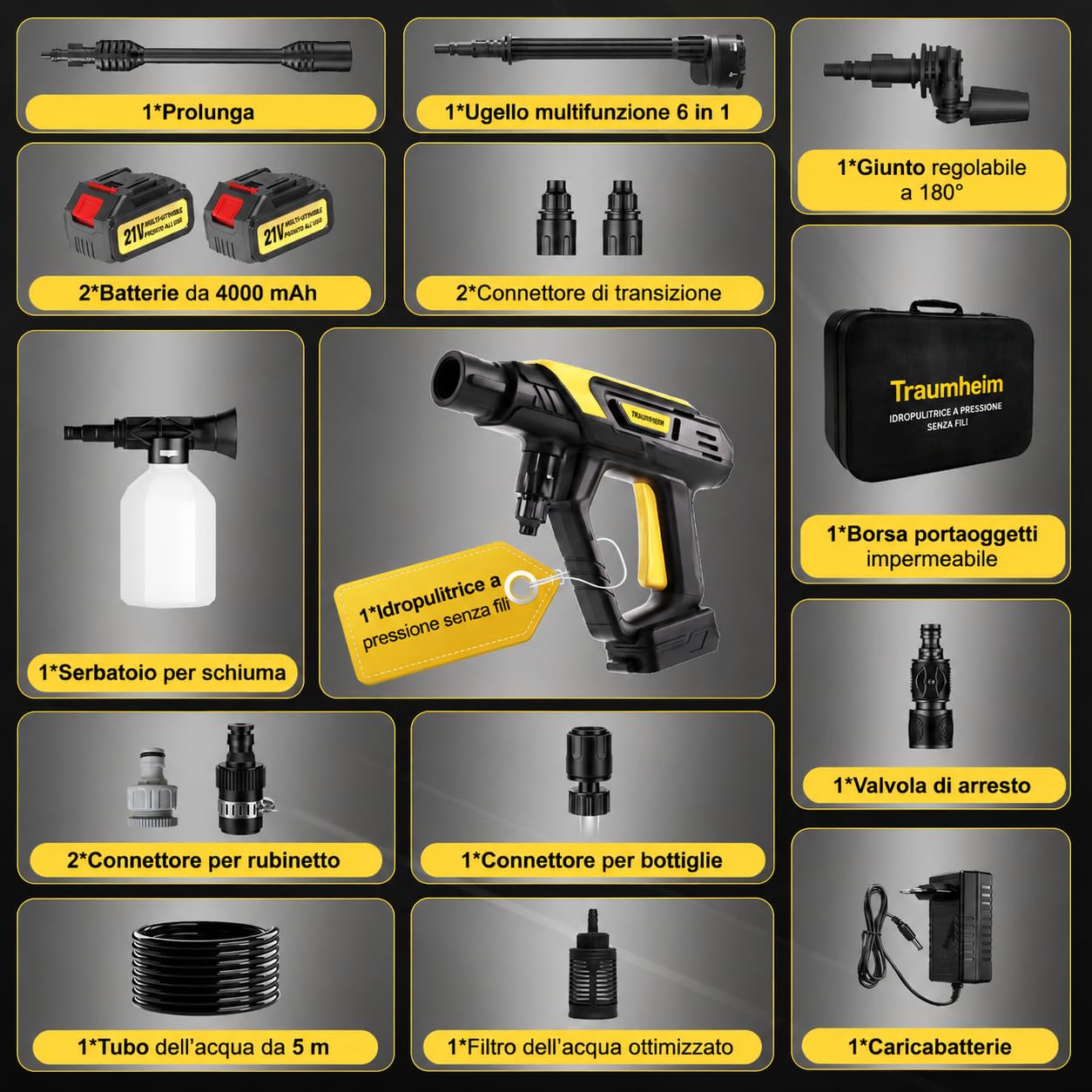 Idropulitrice senza fili, 17 pezzi, 8000 mAh, pressione massima 68 bar, con ugello 6 in 1 e ugello girevole a 180°, idropulitrice portatile per auto, biciclette, terrazze e giardini | Motore brushless, ugello rotante 180°/360°, ugello 6-in-1, attacco per
