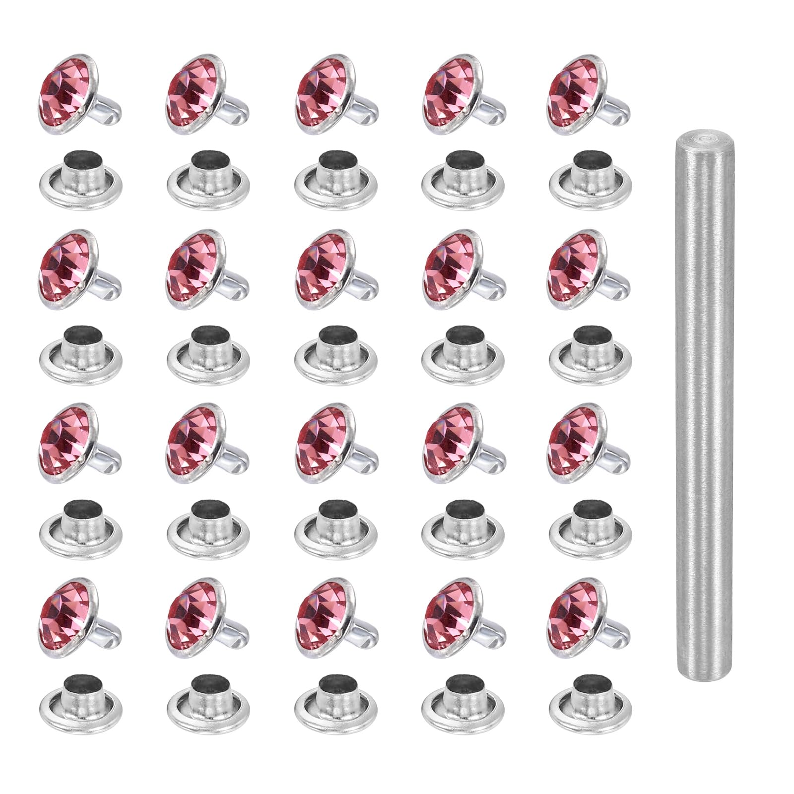 sourcing map 100pcs Crystal Rivets 9mm Rhinestone Rapid Stud Rivets with Steel Installation Tool for Clothing Leather Fabric Arts Crafts Decoration Leathercraft DIY, Silver Pink